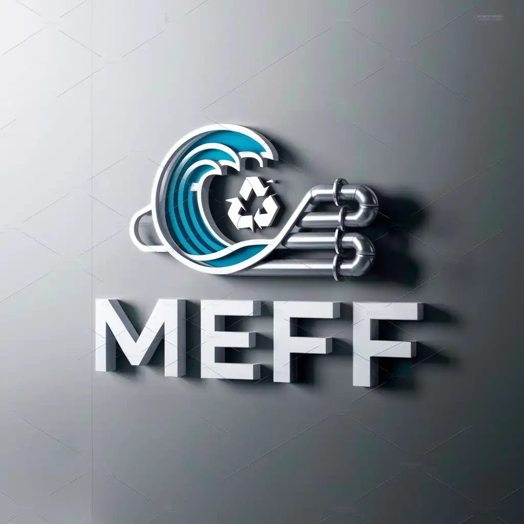 a logo design,with the text "MEFF", main symbol:Ocean, Recycling, Steel, Pipework,Moderate,clear background