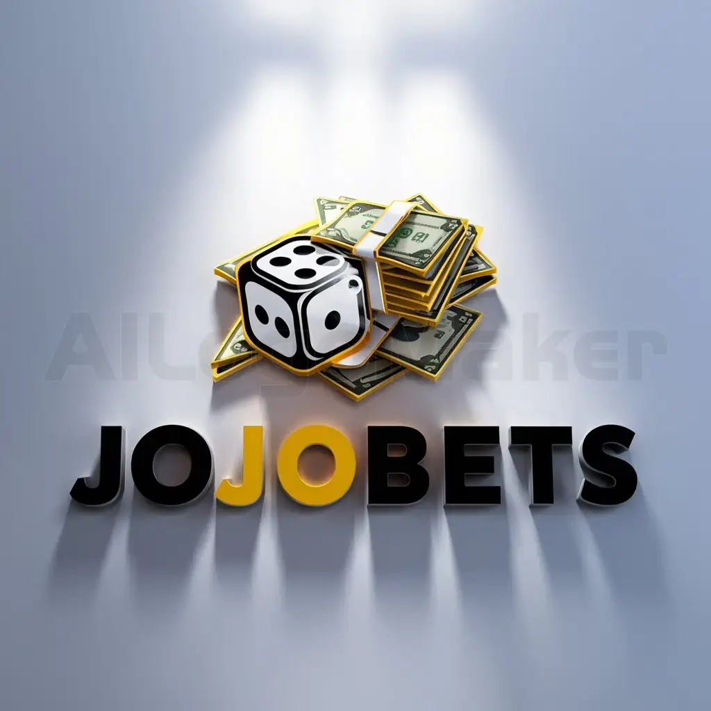 a logo design,with the text "JOJOBETS", main symbol:Dice and Money,Moderate,clear background