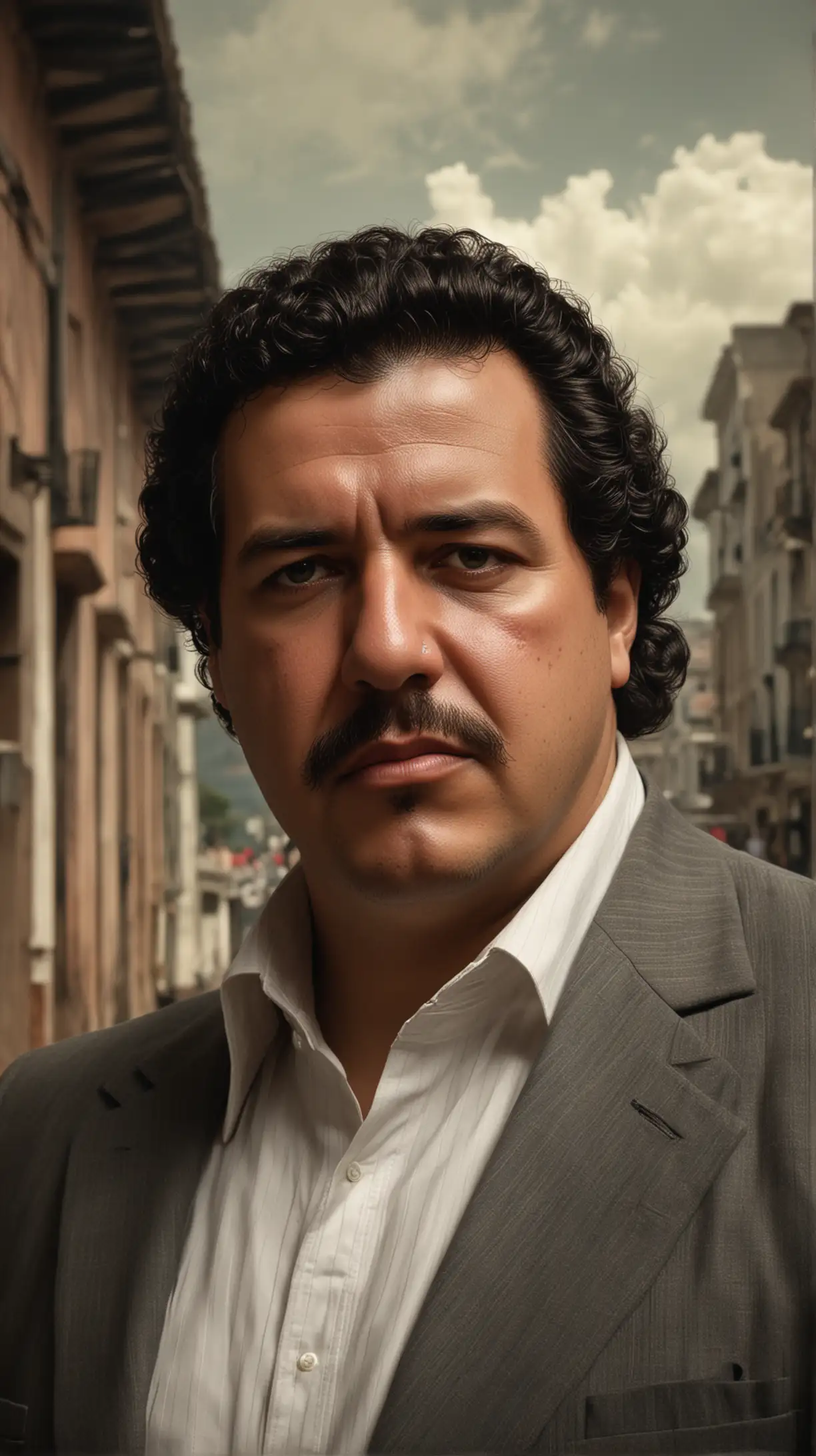 Portrait of Pablo Escobar:

Facial Features: Render Escobar's face with a strong jawline and piercing eyes, reflecting his determination and intensity. Show his prominent mustache and hairstyle typical of the 1980s.

Expression: Capture a thoughtful expression mixed with a hint of defiance, conveying his confidence and cunning nature. Avoid glamorizing or vilifying, aiming for a nuanced portrayal.

Attire: Dress Escobar in a tailored suit or a casual outfit that signifies his status as a powerful figure in Colombian society. Include details such as luxury watches or rings to emphasize his wealth.

Backdrop: Place Escobar against a background that evokes the ambiance of Medellin during the height of his power. Consider incorporating elements like cityscape views, hints of opulence, or subtle nods to his criminal activities.

Lighting: Use dramatic lighting to highlight his features and add depth to the portrait. Consider shadows that suggest both secrecy and the looming presence of his notoriety.

Emotive Context: Surround the portrait with symbolic elements that reflect his dual legacy—showing aspects of both admiration and condemnation. Incorporate subtle hints of his philanthropic endeavors alongside reminders of violence and corruption.

Narrative Tone: Aim for a neutral tone that allows viewers to interpret the portrait’s significance. Avoid sensationalizing or glorifying Escobar, instead portraying him as a figure of historical intrigue and complexity.