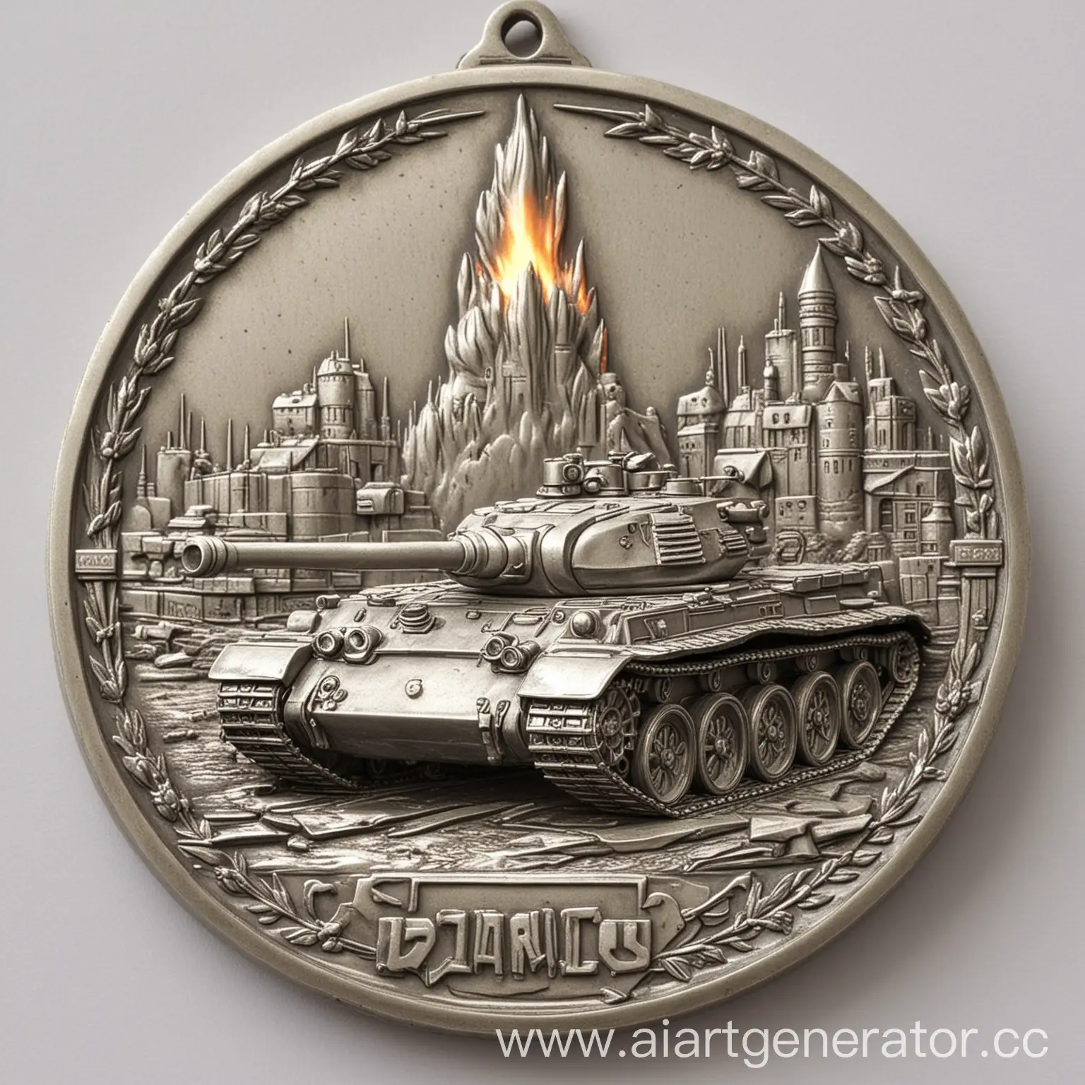 Медаль, на которой изображен танк а позади него другой горящий танк. Медаль серебристая
без окрашенных элементов
