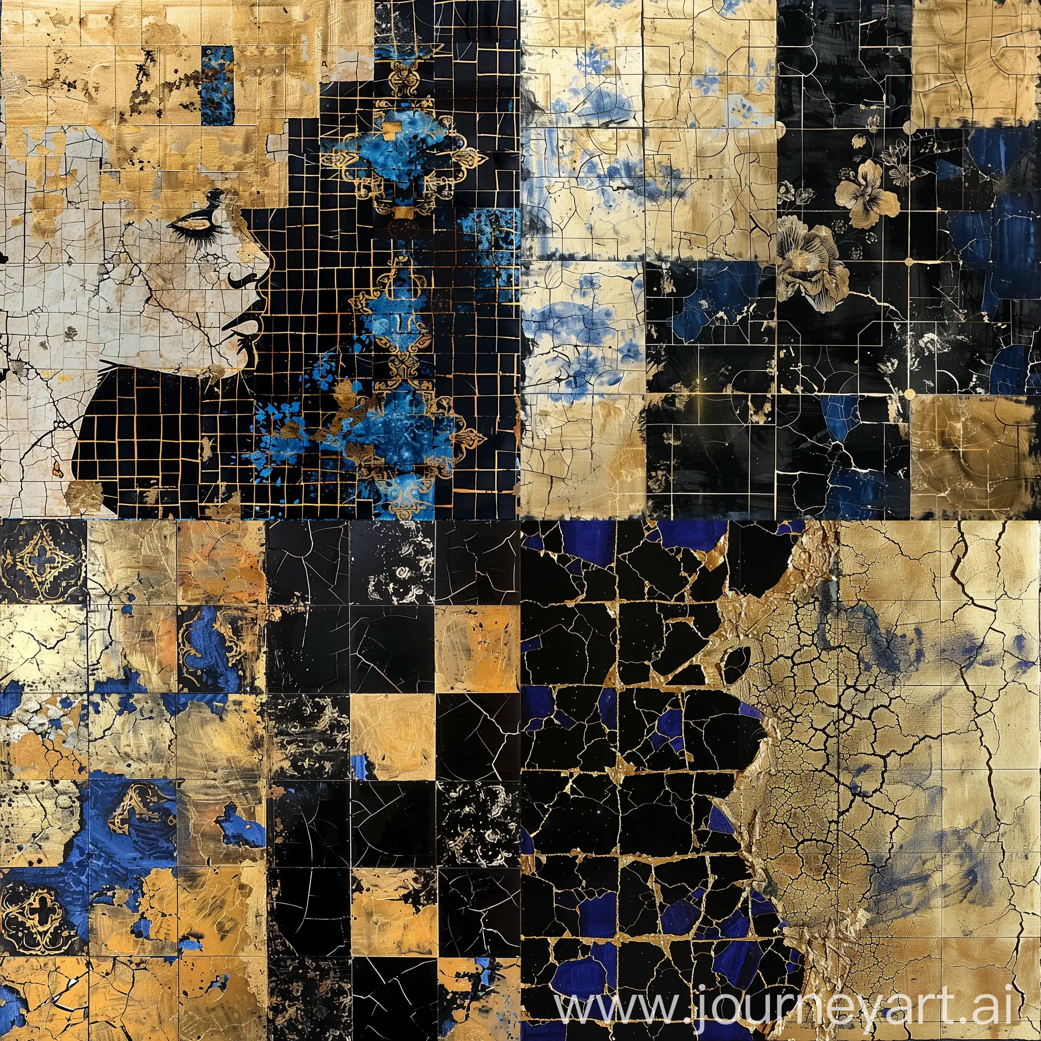 Very beautiful and luxurious artwork, gilded collage and cracked black tiles and blue ink patterns
