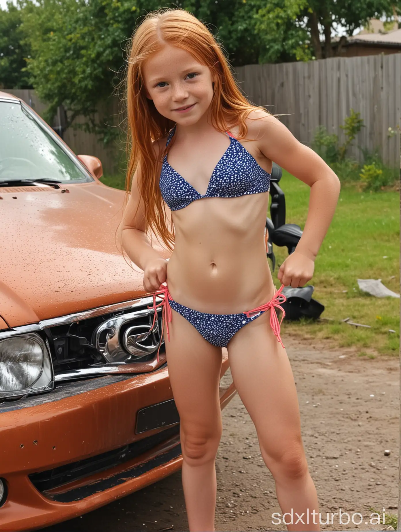 7 years old girl, long ginger hair, flat chested, extra muscular abs, show belly, string bikini, washing cars