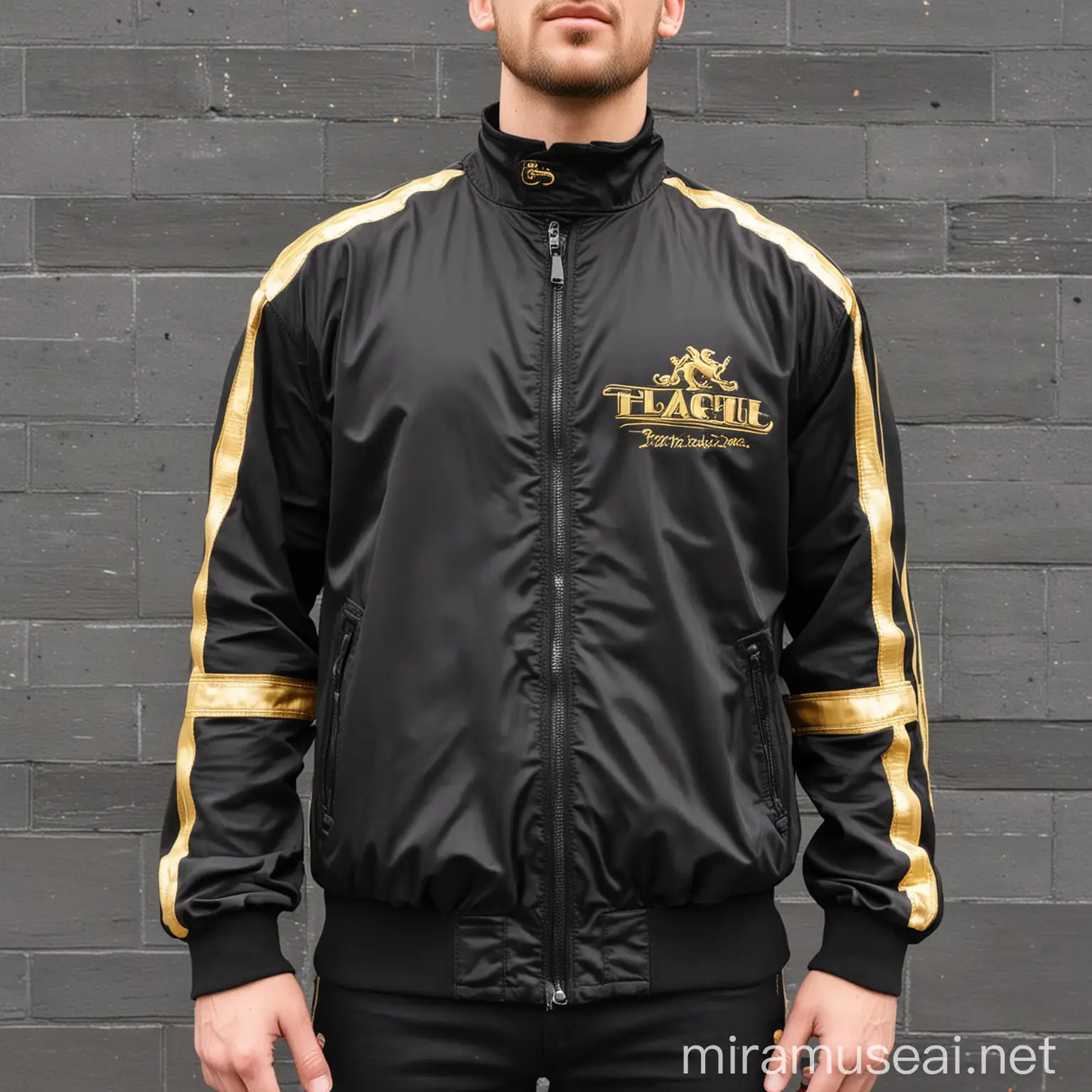 A team racing jacket, black with a gold embroidered stripe
