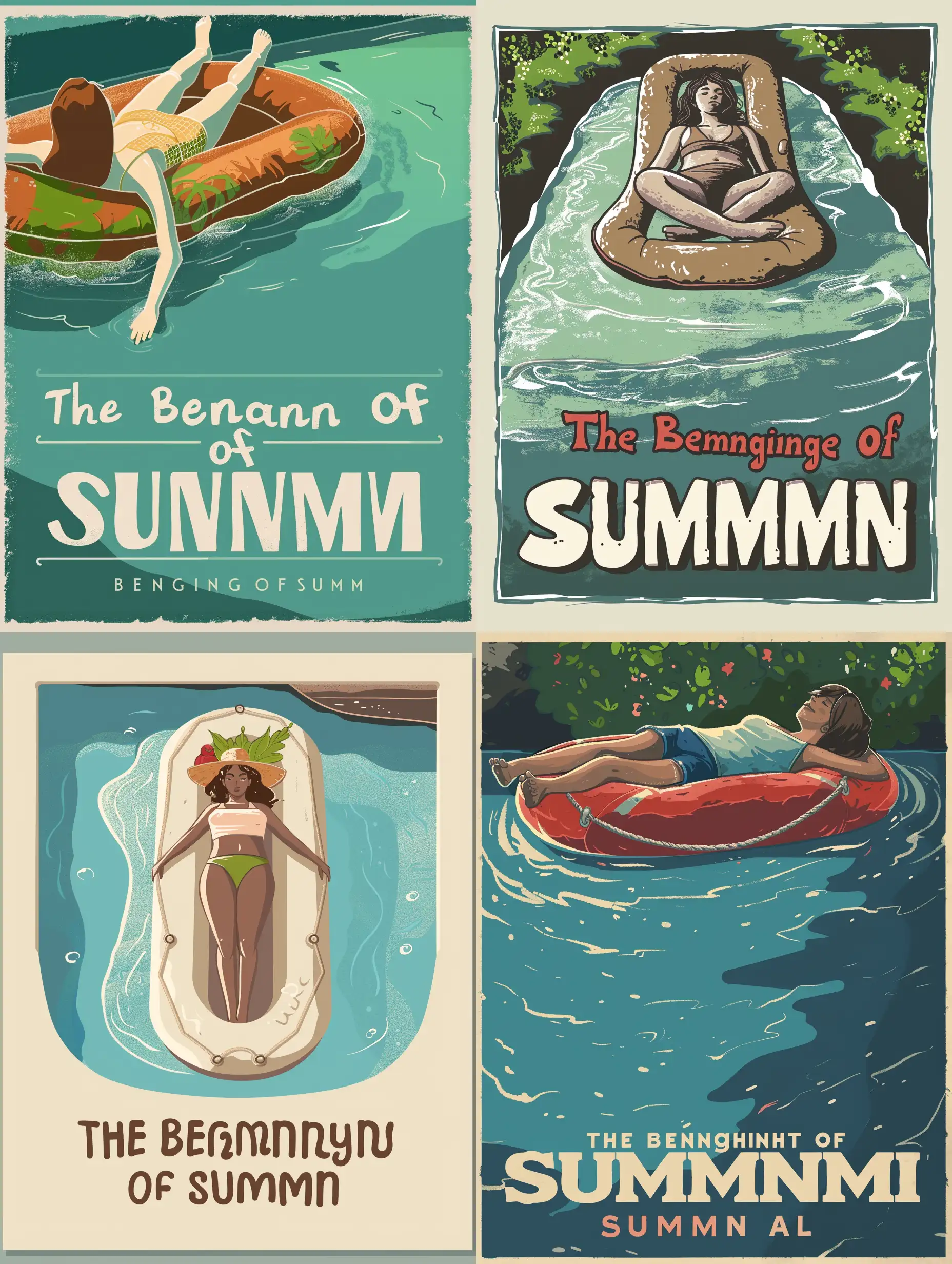 A poster of a woman laying on a raft in a pool, with the words "The Beginning of Summer" written below her. The woman is depicted in a cartoon style, and the pool is filled with water. The image conveys a sense of relaxation and leisure, as the woman enjoys her time in the pool.
