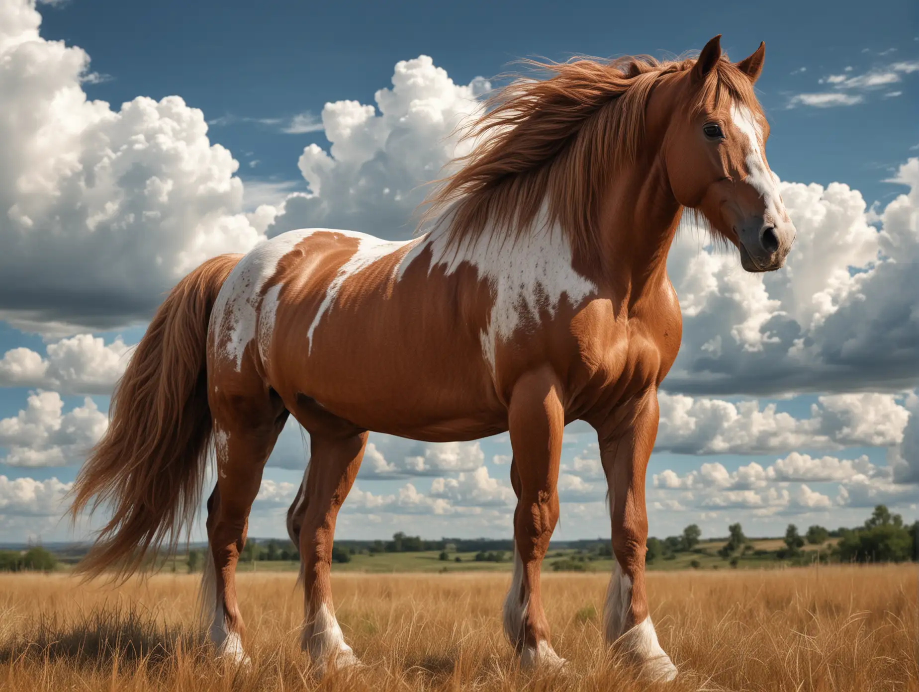 1 horse, standing, strong and muscular, shiny coat, long mane, (brown color:1.2), grassland background, blue sky, white clouds, sunlight, realistic, detailed texture, depth of field, (dynamic pose:1.1), best quality,masterpiece