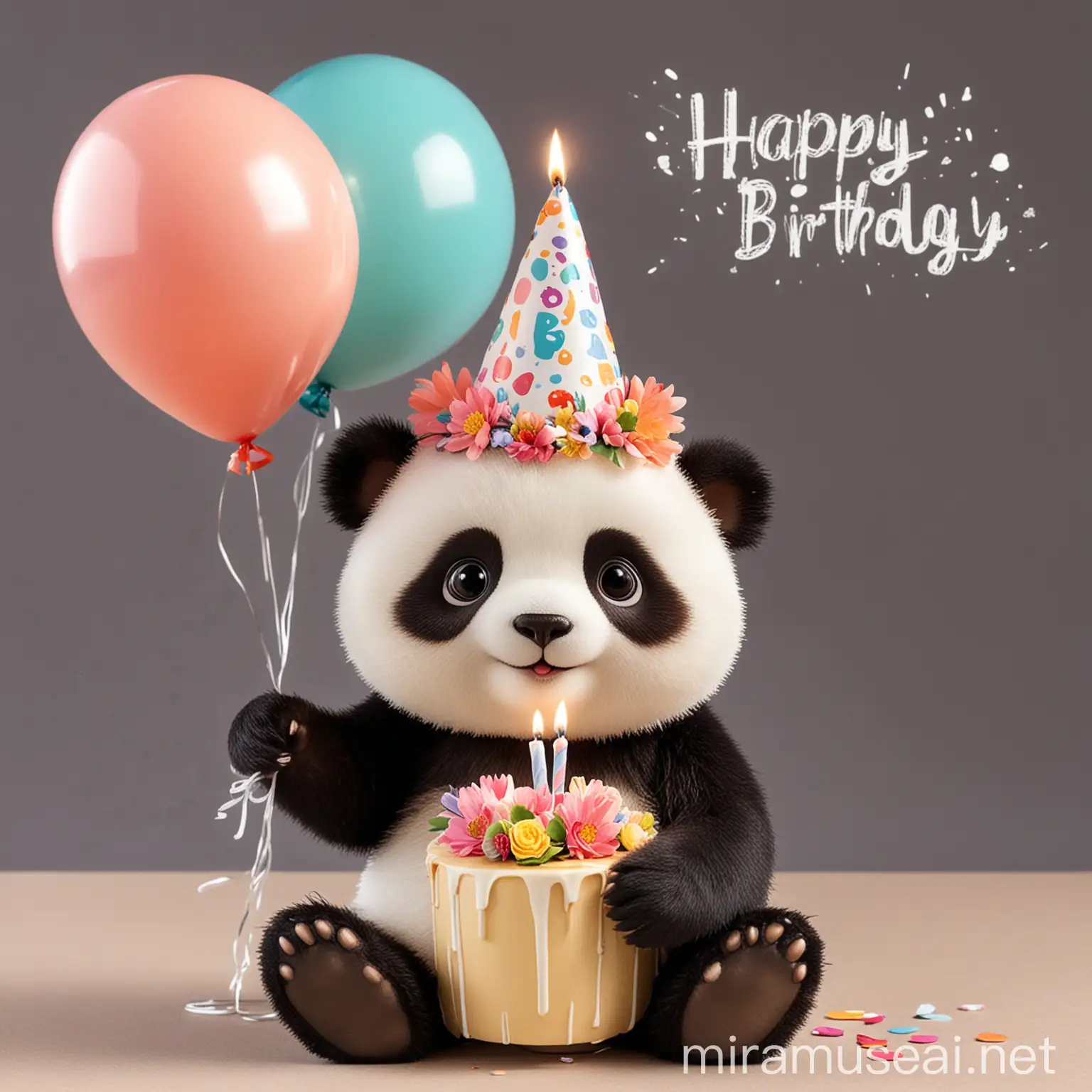  Открытка с днем рождения с пандой Изображение:  Милая панда в праздничном колпаке, держащая в лапах торт со свечой. Панда обнимает букет цветов. Панда играет с воздушными шарами. Панда сидит на подарке с бантом. Текст:  На лицевой стороне:  С днем рождения!