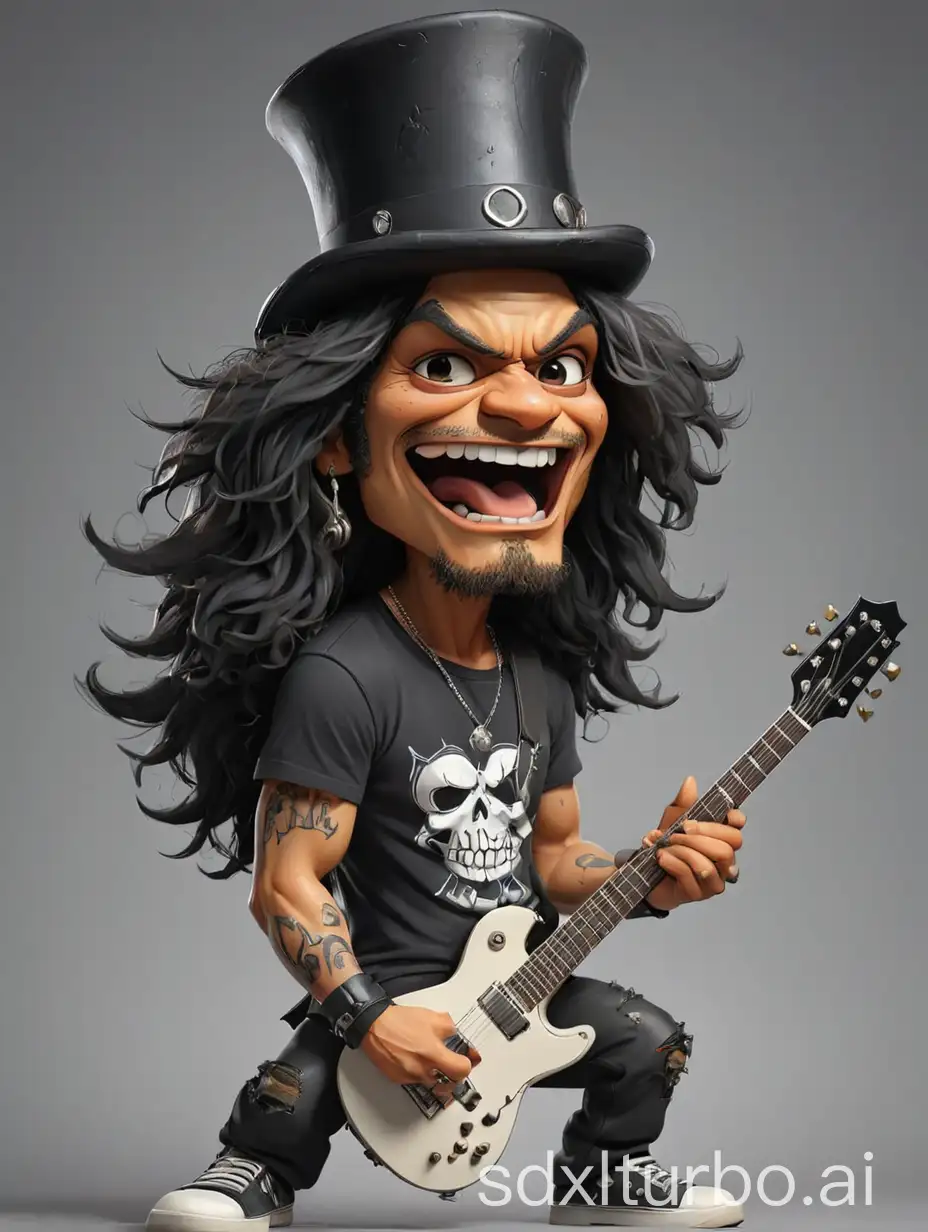 caricature of Slash wearing a top hat and playing a guitar during a performance, wearing a white t-shirt and black shirt, with a complex design adding to the rockstar aesthetic for the audience. Gray background, visual representation of a rock or metal concert atmosphere