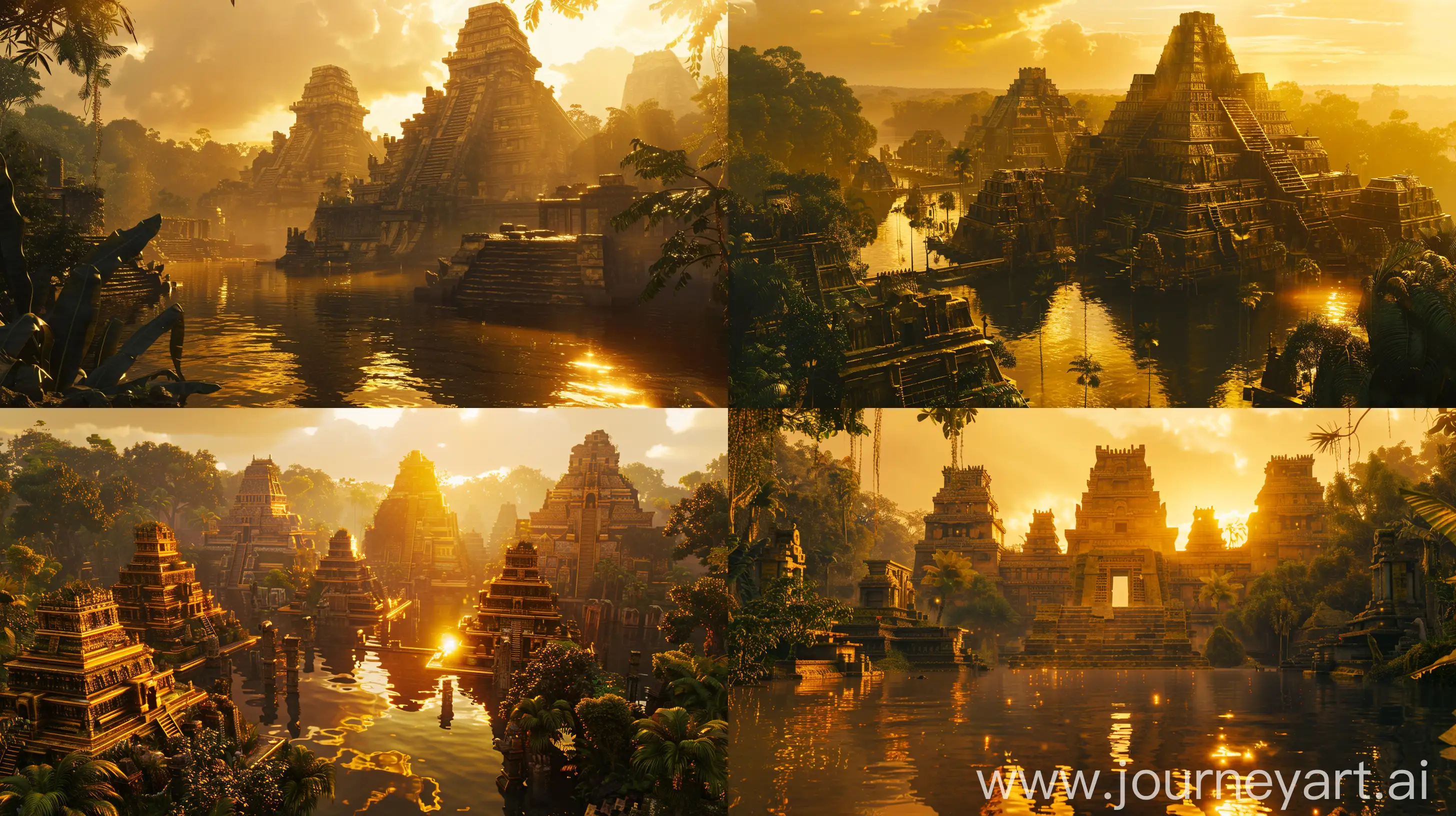 Breathtaking cinematic shot of the ancient Amazon city El Dorado, first-person perspective, ARRI Alexa 65 quality, golden sunrise light bathing the intricate architecture, lush jungle surroundings, hyper-realistic textures, shimmering reflections on water, sense of awe and discovery --ar 16:9 --v 6