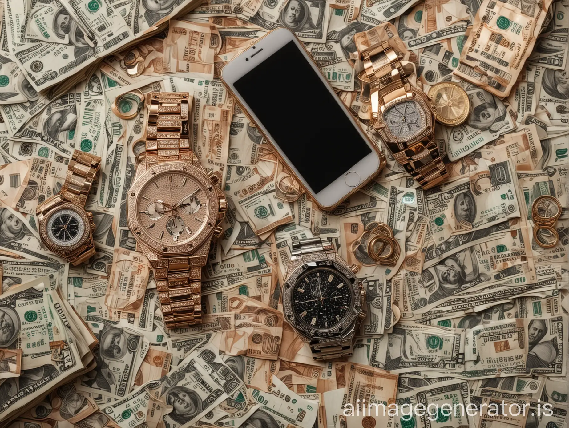 A lot of money and wealth, luxury watches and phones