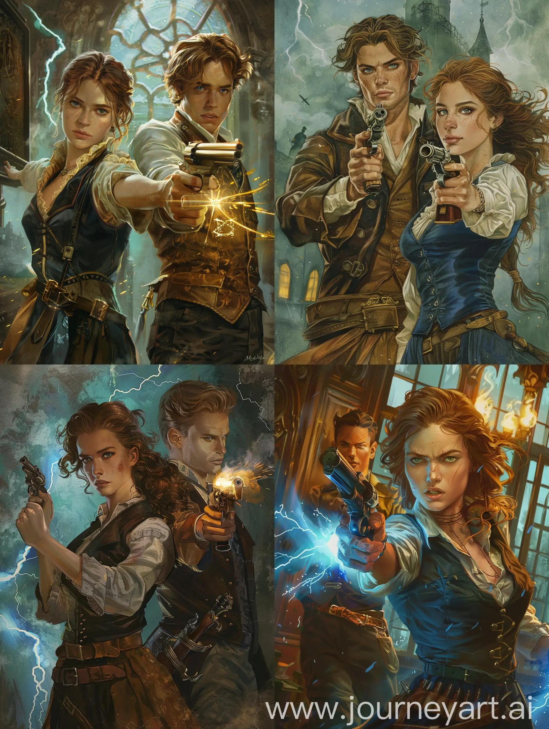 Extremely detailed illustration Two people: A brown-haired girl pointed a gun at a golden-haired guy. Electricity and lightning are all around them. The girl looks like this: 20 years old, beautiful, brown hair, light blue eyes, chiseled cheekbones, dressed in medieval clothes (pants and shirt), looks serious, points a gun at the guy. The guy looks like this: 25 years old, handsome, golden curly hair, golden eyes, high cheekbones, dressed in expensive medieval clothes, smiling, standing calmly and without weapons.   A girl with a gun and pointed it at a golden-haired guy. The guy is standing in front of the girl, they look at each other, and the girl shoots at him with a pistol. The atmosphere of the Middle Ages and magic. There are thunderclouds in the background.  The atmosphere of the Middle Ages and magic. Best resolution, best quality, hyperdetailed, sharp focus, esketch book, bits of color, slightly coloured, rough sketch, art nouveau, ink lines, ink art by MSchiffer