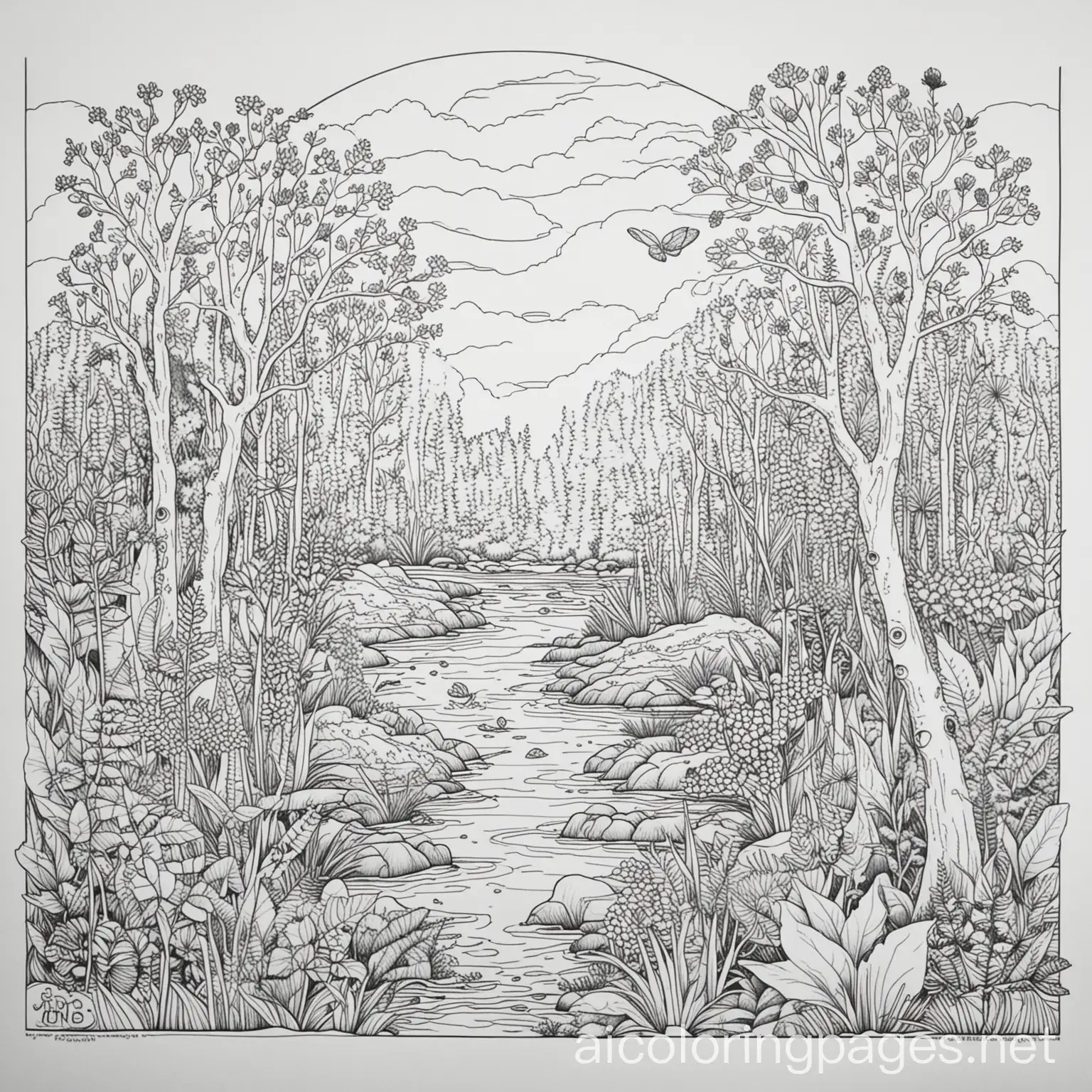 Ecosystem-Coloring-Page-for-Kids-Simplified-Black-and-White-Line-Art