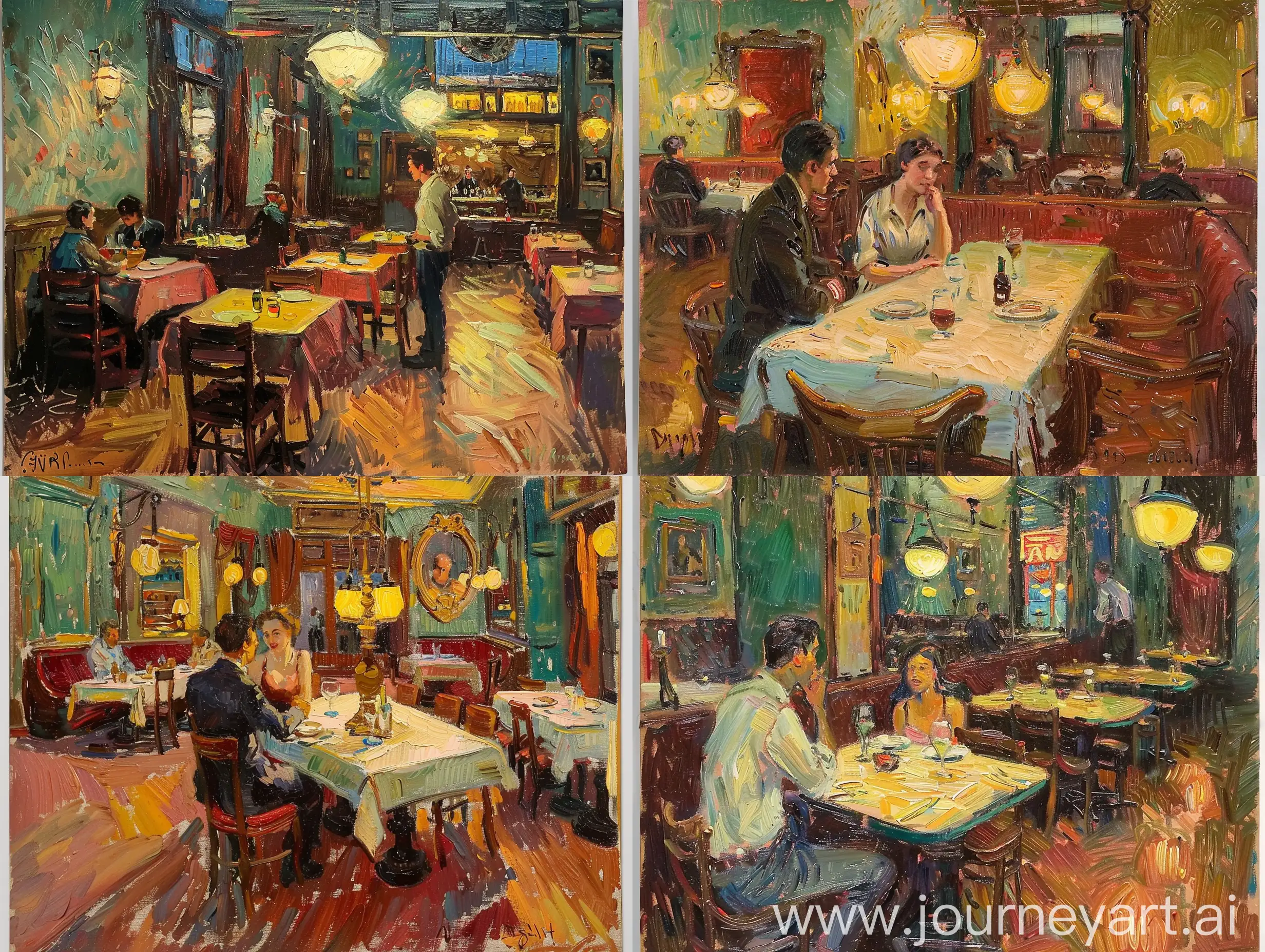 genre oil painting inside a restaurant, couple