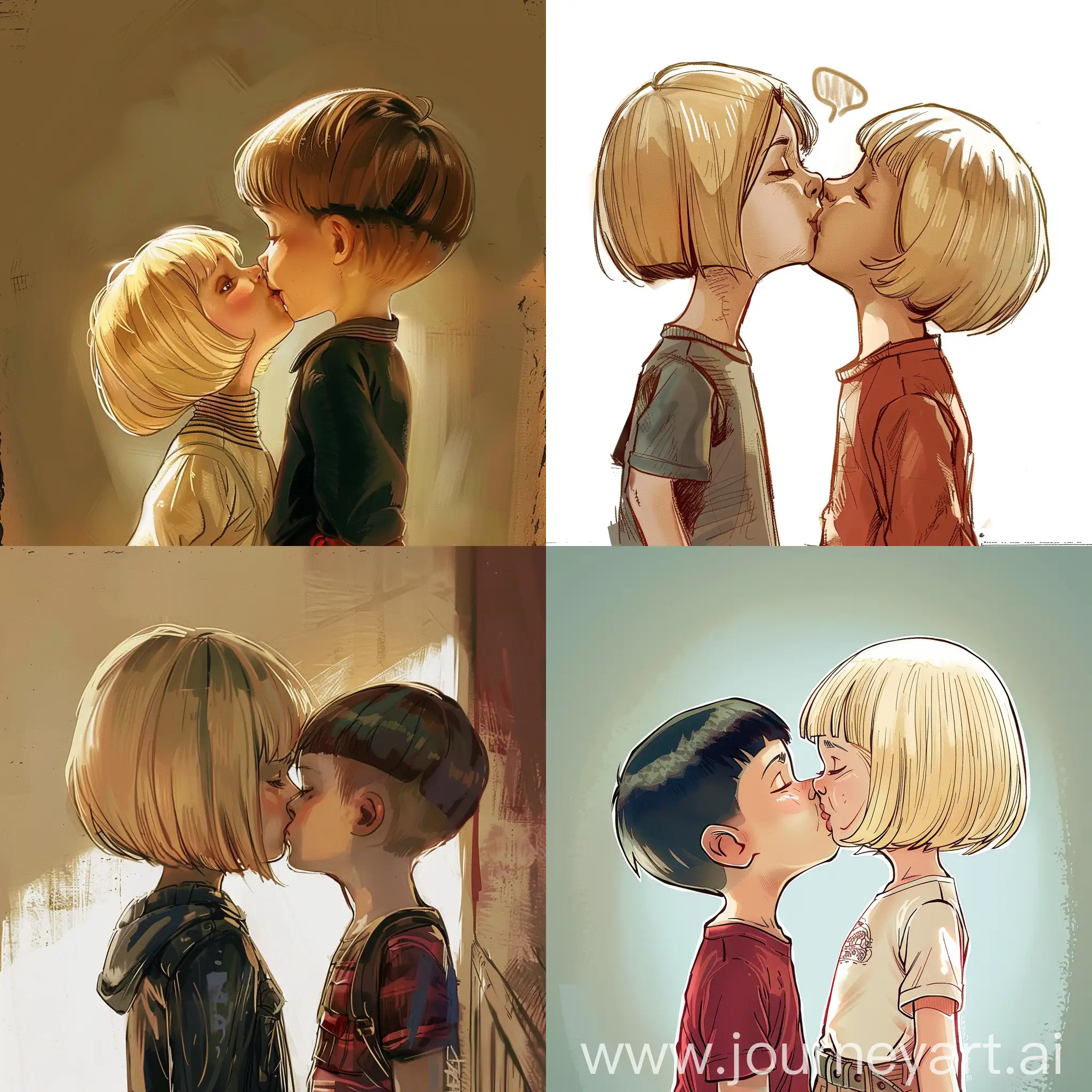 Девушка блондинка с каре, целует парня