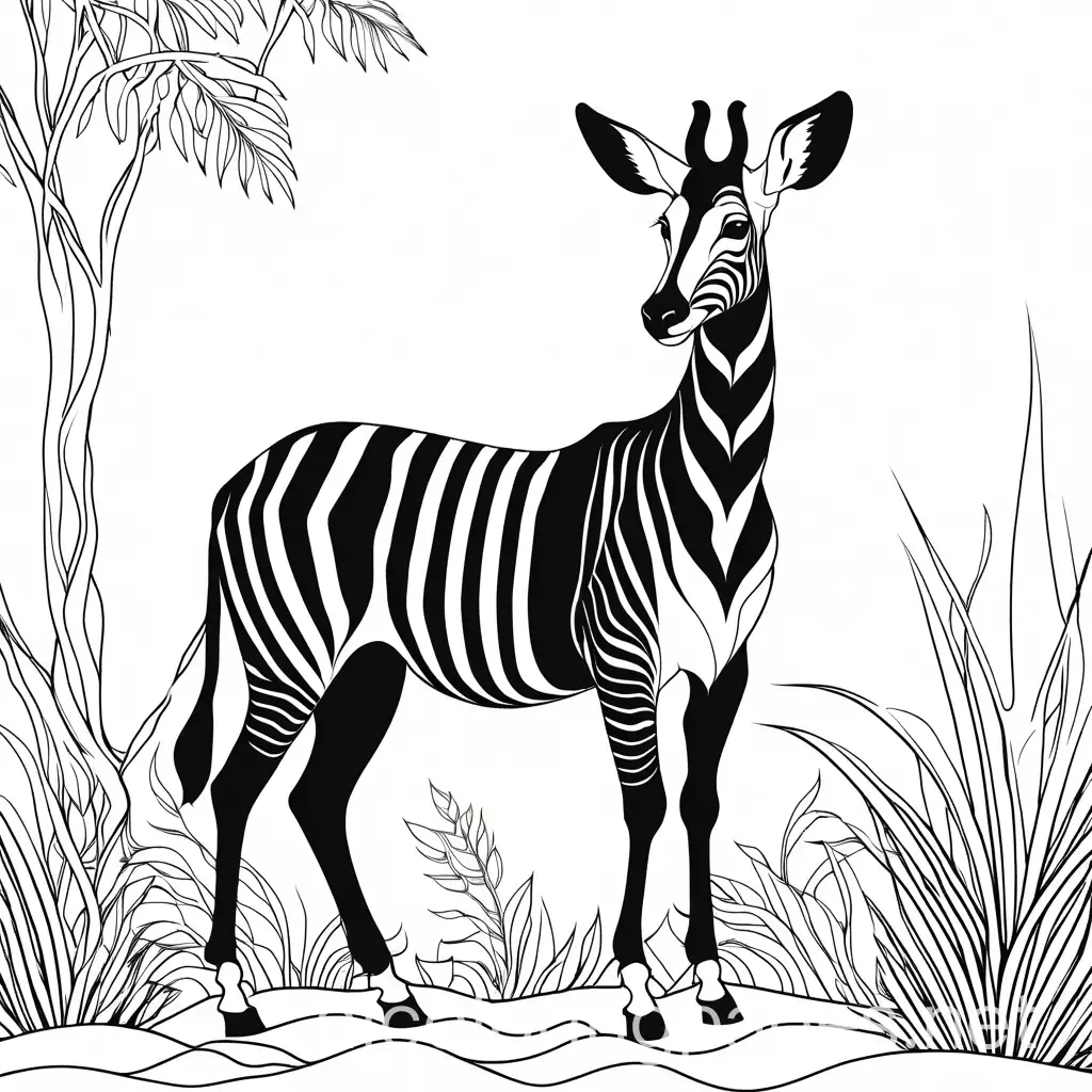 an okapi in the wild, Coloring Page, black and white, line art, white background, Simplicity, Ample White Space. The background of the coloring page is plain white to make it easy for young children to color within the lines. The outlines of all the subjects are easy to distinguish, making it simple for kids to color without too much difficulty