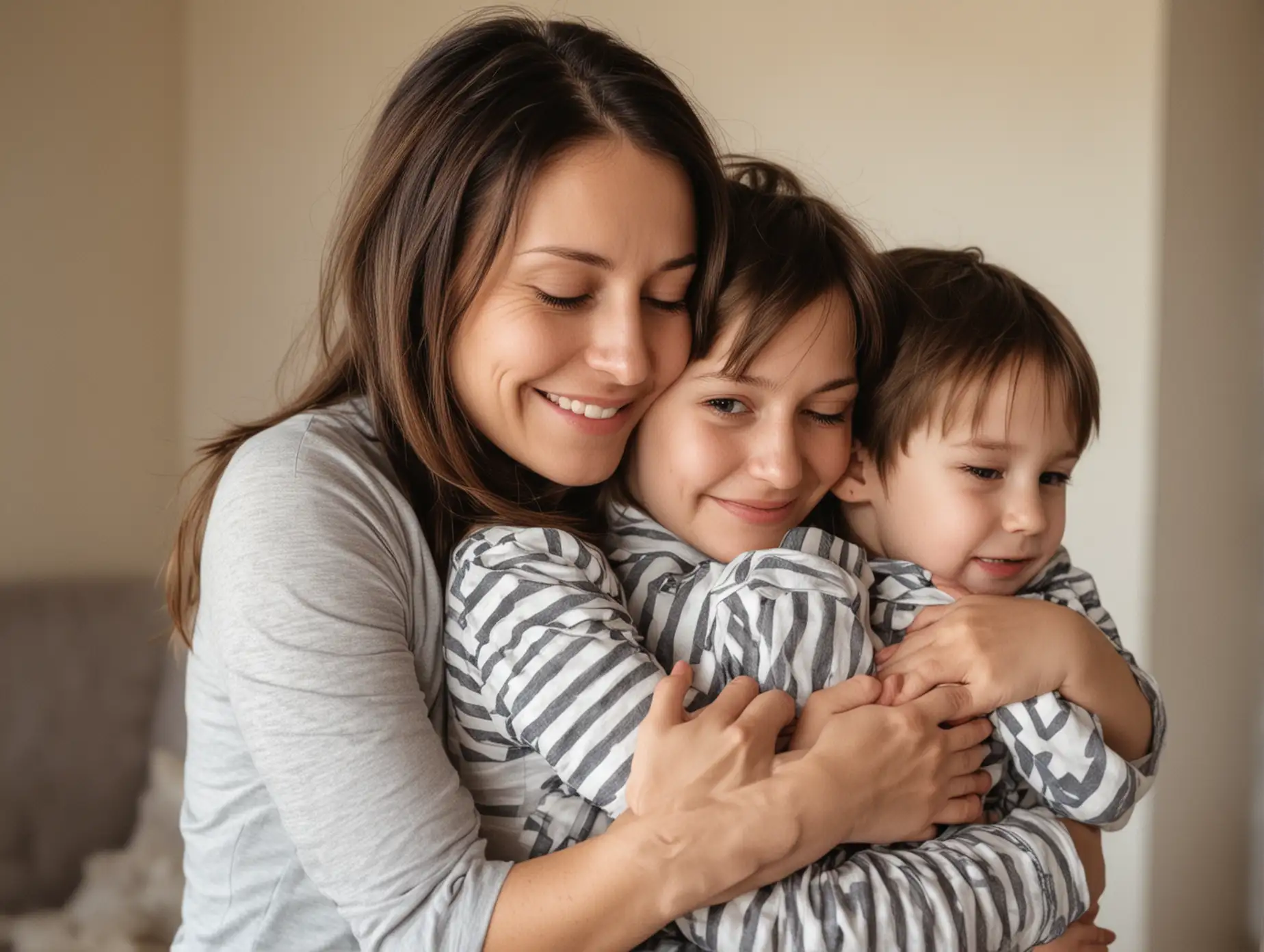 Mother Embracing Two Children in Warm Family Moment