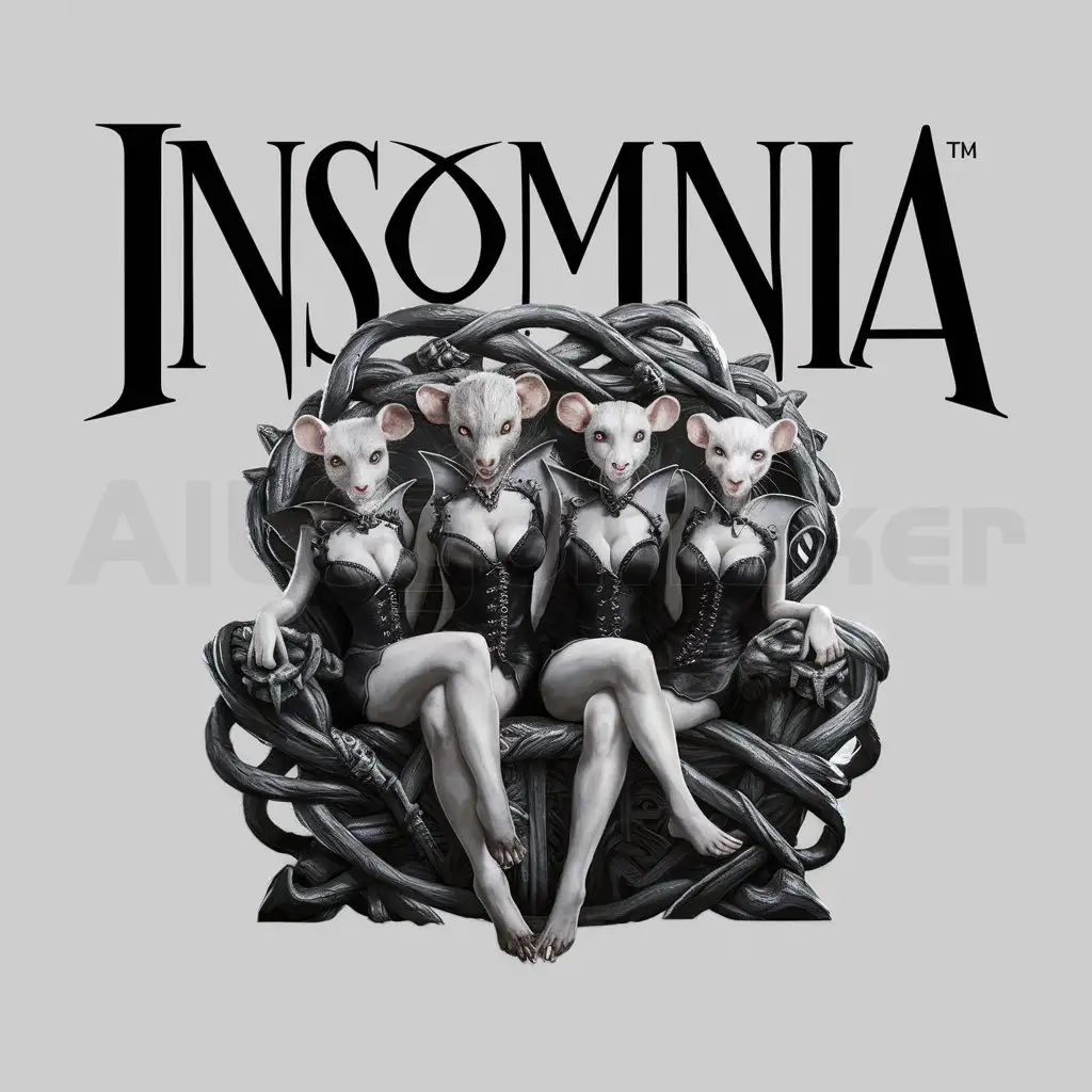 a logo design,with the text "Insomnia", main symbol:4 rats girls vampires, sit on throne,complex,be used in Others industry,clear background