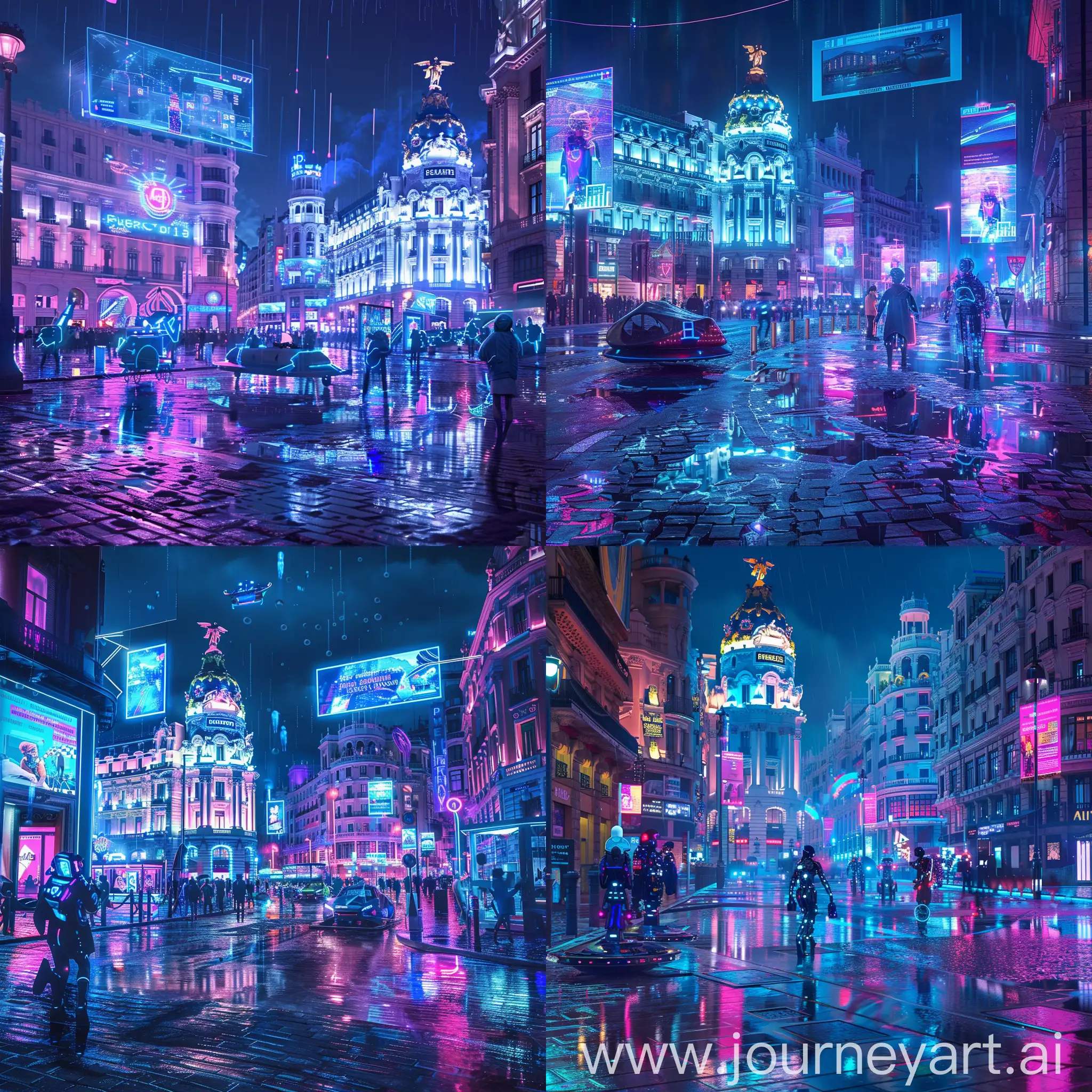 Create a cyber-punk style image of Madrid at night, featuring iconic landmarks such as the Royal Palace, the Prado Museum, and Puerta del Sol. The scene should be illuminated by neon lights in blues, purples, and pinks, reflecting off wet cobblestone streets, embodying a dystopian future. Include futuristic elements like digital billboards, hover vehicles, and robotic figures mingling with tourists. The viewpoint should simulate a tourist's experience, possibly showing interactive digital tour guides or augmented reality elements. The atmosphere should vividly contrast historic architecture with high-tech decay