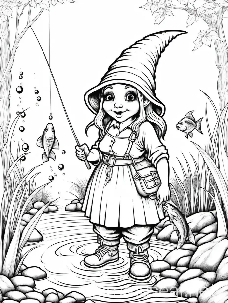 Adult Coloring Page Gnome Woman Fishing in Serene Waters