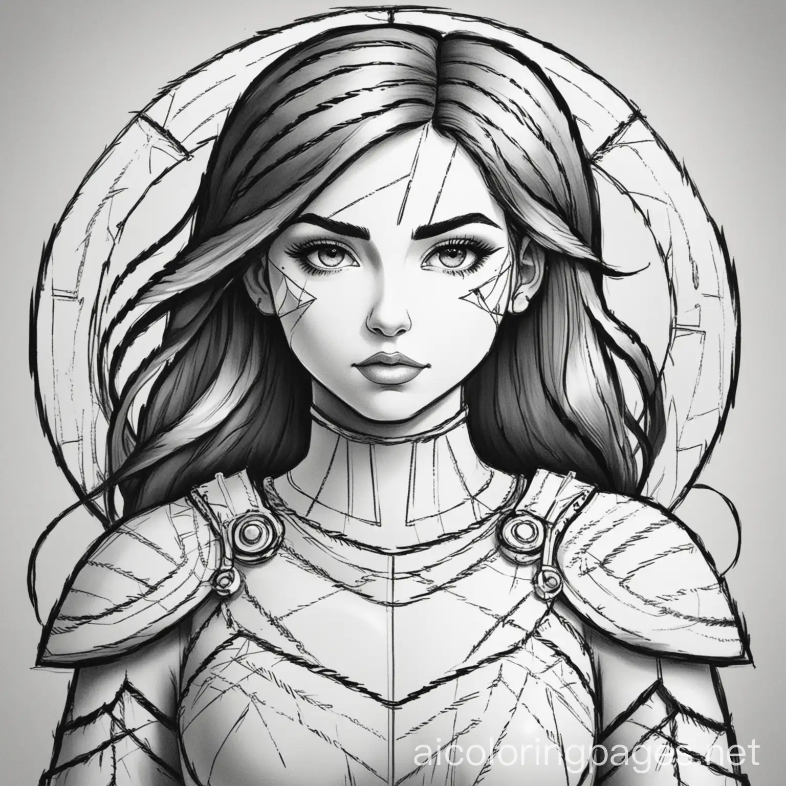 an outlined image of a strong, confident woman warrior with bold geometric shield in the background, black and white, line art, simplicity, adult coloring page, Coloring Page, black and white, line art, white background, Simplicity, Ample White Space. The background of the coloring page is plain white to make it easy for young children to color within the lines. The outlines of all the subjects are easy to distinguish, making it simple for kids to color without too much difficulty