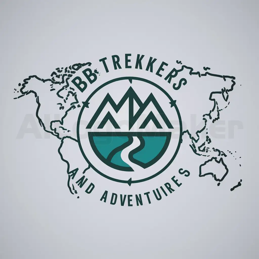 a logo design,with the text "BB Trekkers and Adventures", main symbol:mountains,rivers,location,map,adventures,trekking,Moderate,be used in Travel industry,clear background