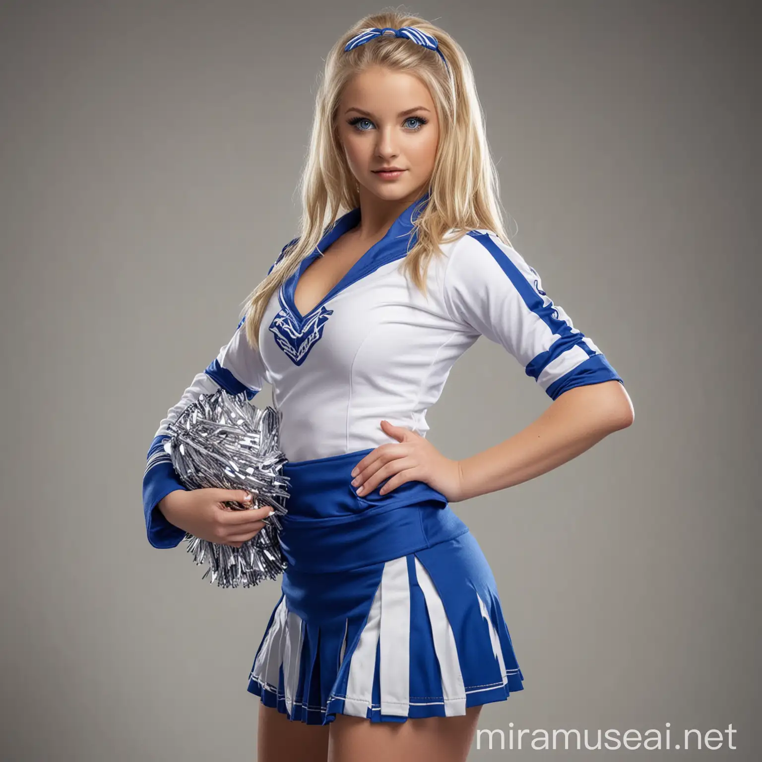 Attractive Blonde Cheerleader in Blue and White Uniform