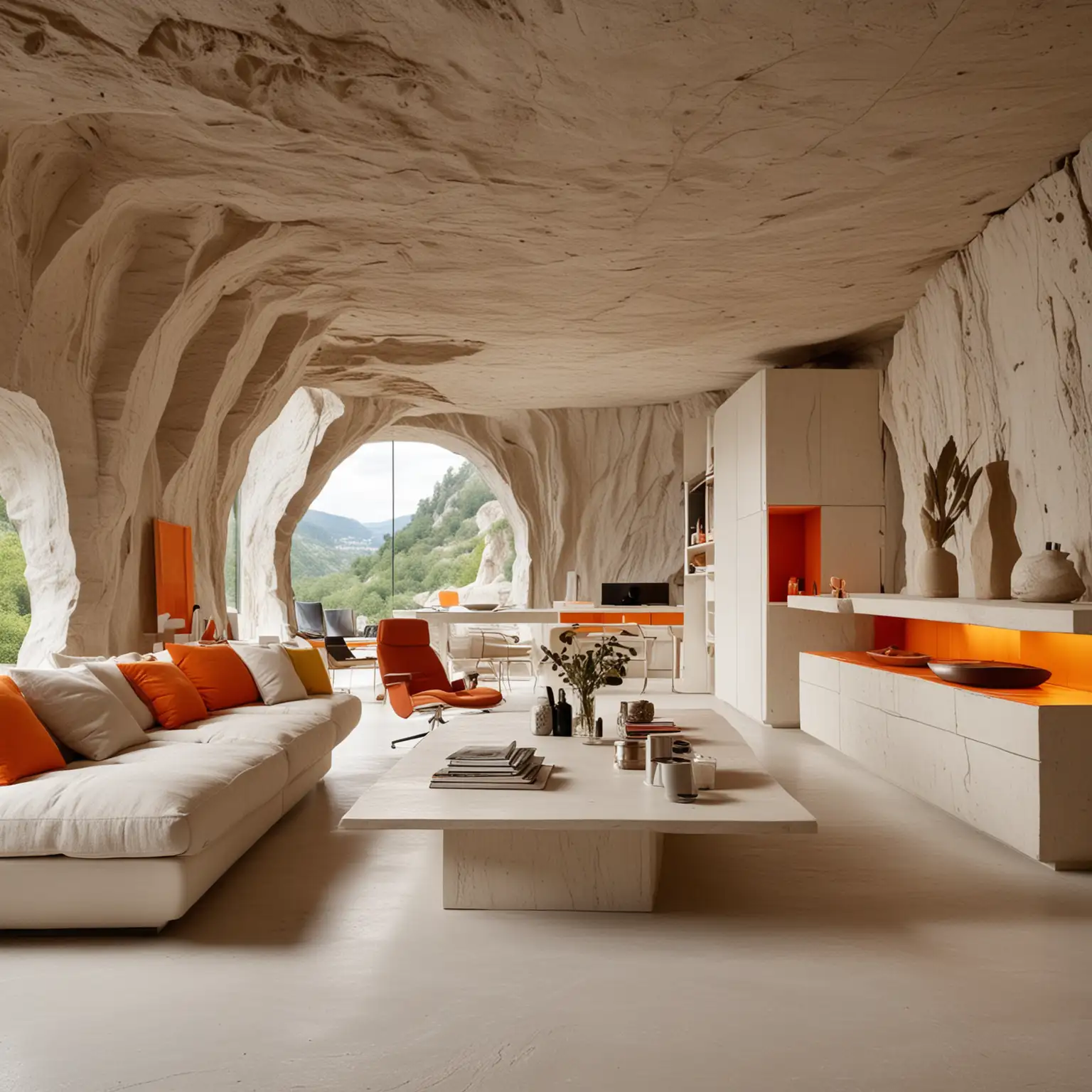 Futuristic Cave Living Room with Bright Limestone Surfaces