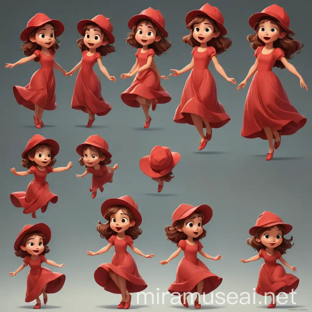 2D cartoon Disney character digital art of little girl, multiple posses, red hat, long red dress, flying. superb linework, classic 2D Disney style art, close-up, inspired by the art styles of Glen Keane and Aaron Blaise, Disney-style character concept with a Disney-style face, (trending on artstation), Disney-style version of little girl, multiple posses, red hat, long red dress, flying