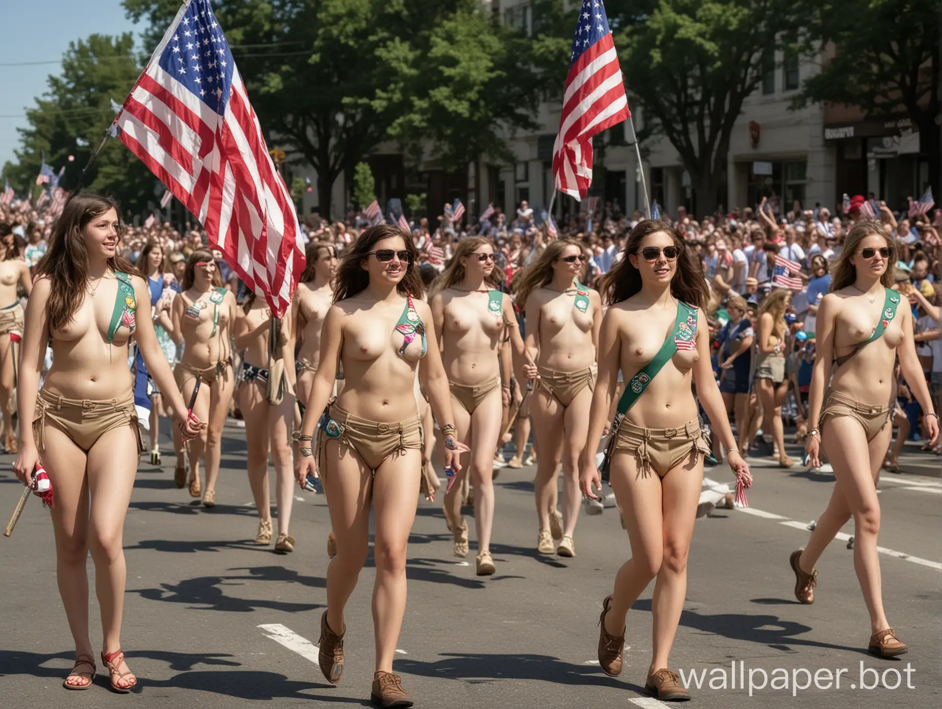 Nude girl scout troop marching in a patriotic parade.  The leader is holding a USA flag