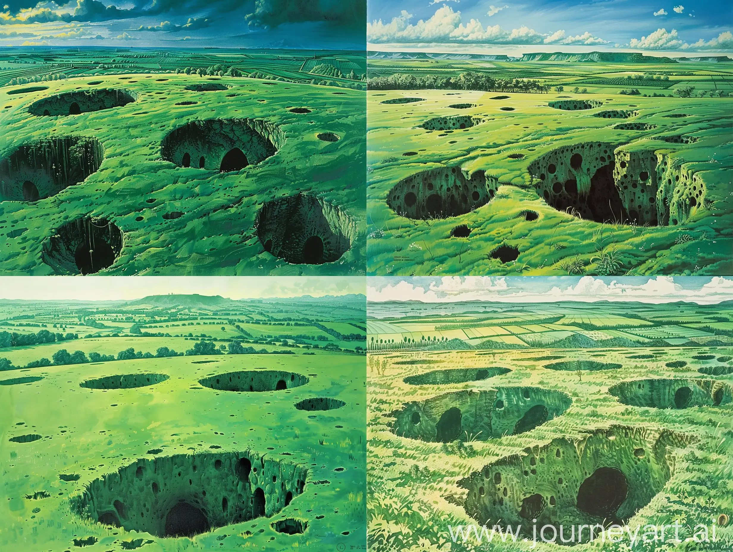 1970's art illustration from dark fantasy books (style). Art illustration of a large green field, with holes similar to those of Hobbits, with several plantations in the distance.