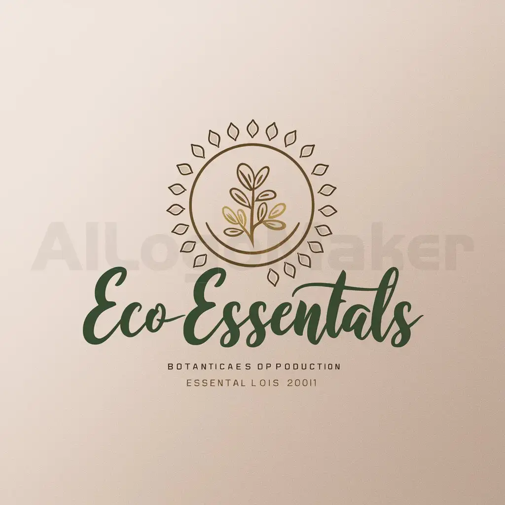 a logo design,with the text "EcoEssentia", main symbol:The logo features a circular emblem with a stylized botanical illustration at the center, representing the essence of nature and botanicals used in essential oil production. Around the emblem, there are delicate droplets or vials arranged in a circular pattern, symbolizing the purity and potency of the essential oils. The colors used are earthy tones like green, brown, and gold, reflecting the natural and organic qualities of the products. The company name is written in elegant, flowing script font below the emblem, with the word 'Essentials' emphasized to highlight the core product offering.

This logo concept combines elements of nature, purity, and elegance to create a visually appealing and memorable representation of your essential oils production company. ,Minimalistic,be used in production of essential oil industry,clear background