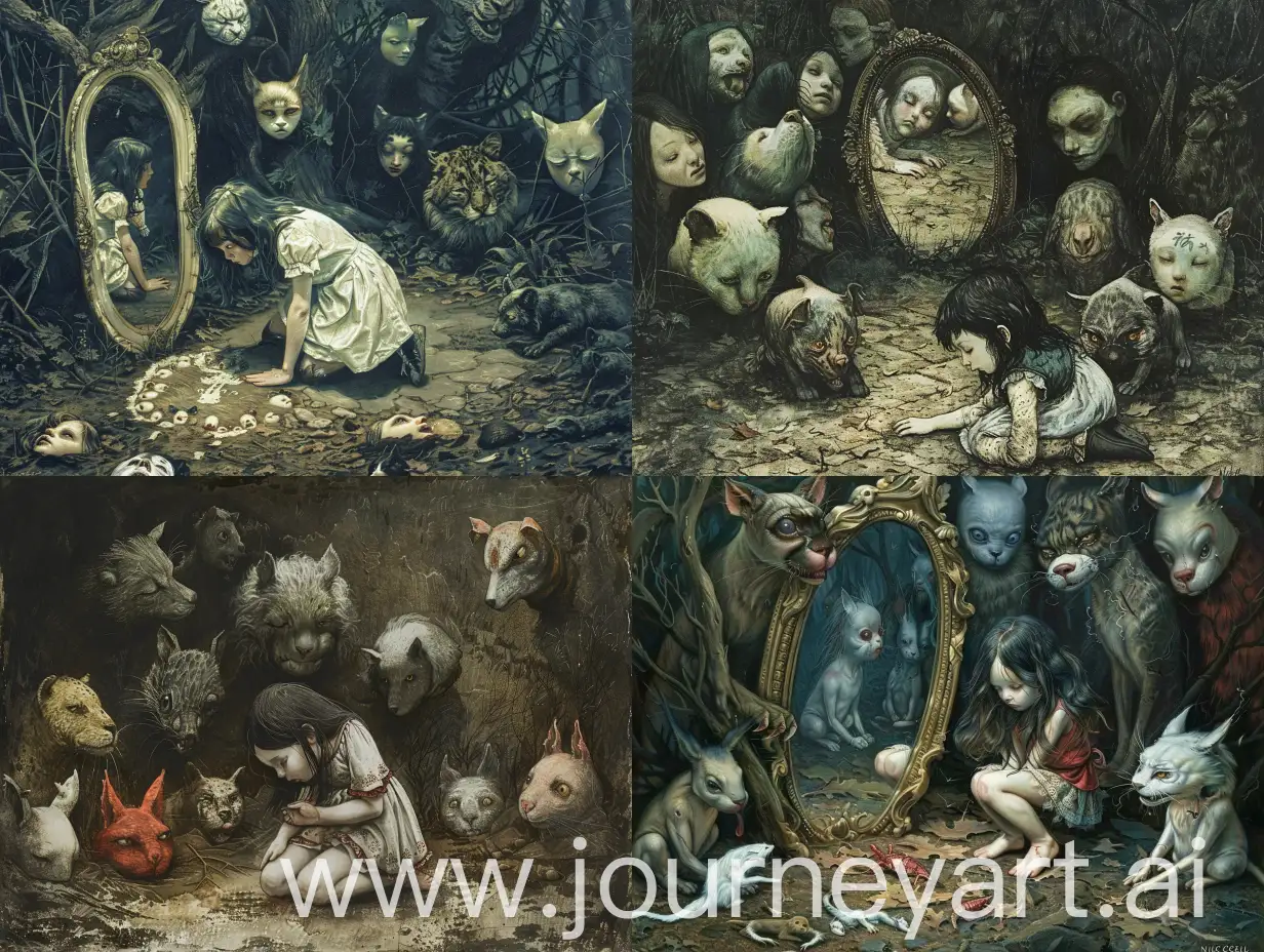 Dark fairy tale, a faceless ten-year-old girl kneels on the ground, there are more than ten different faces on the ground, lost, helpless, mirror, exaggerated, disproportionate figure, making the illustration unbalanced, animals in the fairy tale world are bad characters , disgrace, Nicoletta Ceccoli style
