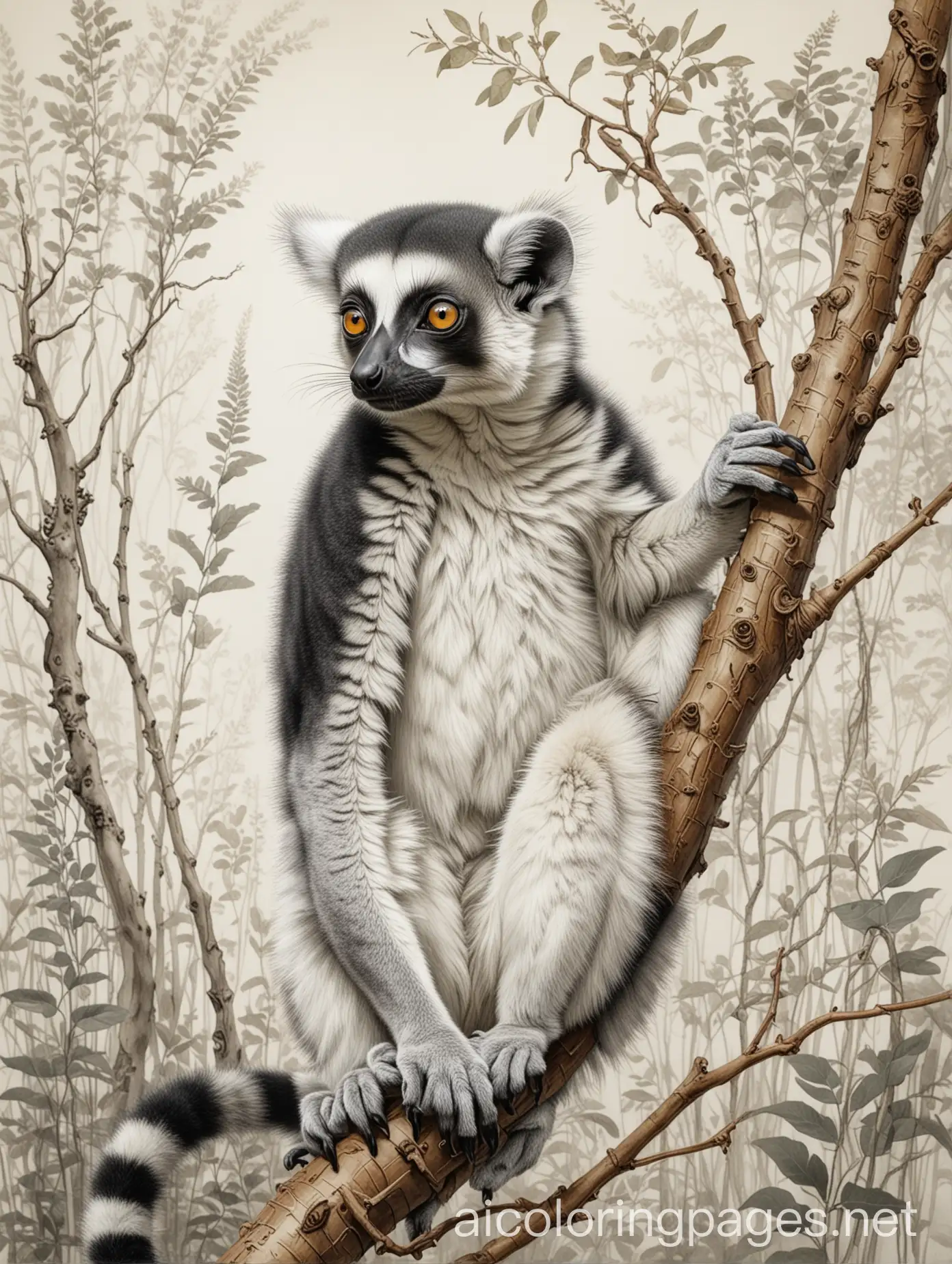 Lemur in Madagascar painted by Arthur Rackham, highly detailed, elegant, intricate oil on canvas, very attractive, beautiful high definition, crisp quality, Coloring Page, black and white, line art, white background, Simplicity, Ample White Space. The background of the coloring page is plain white to make it easy for young children to color within the lines. The outlines of all the subjects are easy to distinguish, making it simple for kids to color without too much difficulty