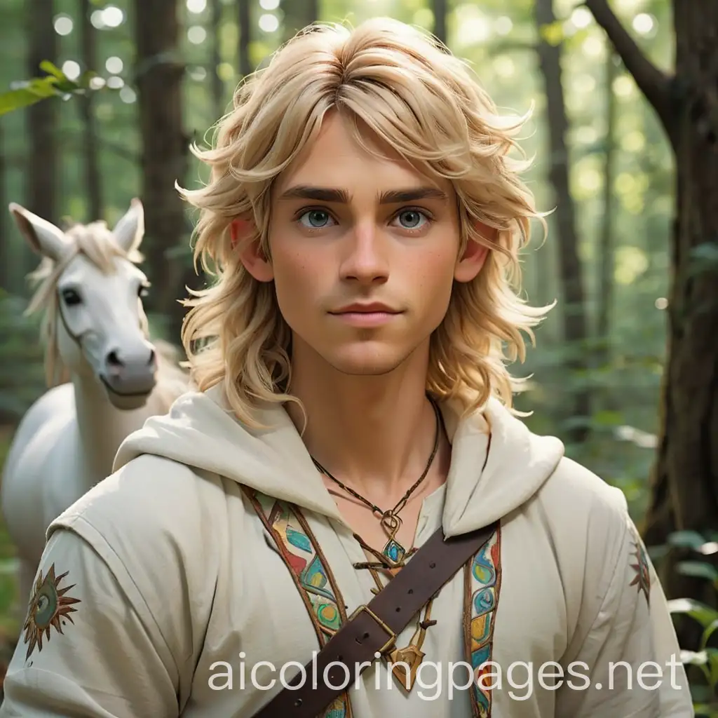 Nature loving blond haired young male half elf hippie sorcerer, raised by a unicorn who lived in the forest. , Coloring Page, black and white, line art, white background, Simplicity, Ample White Space.