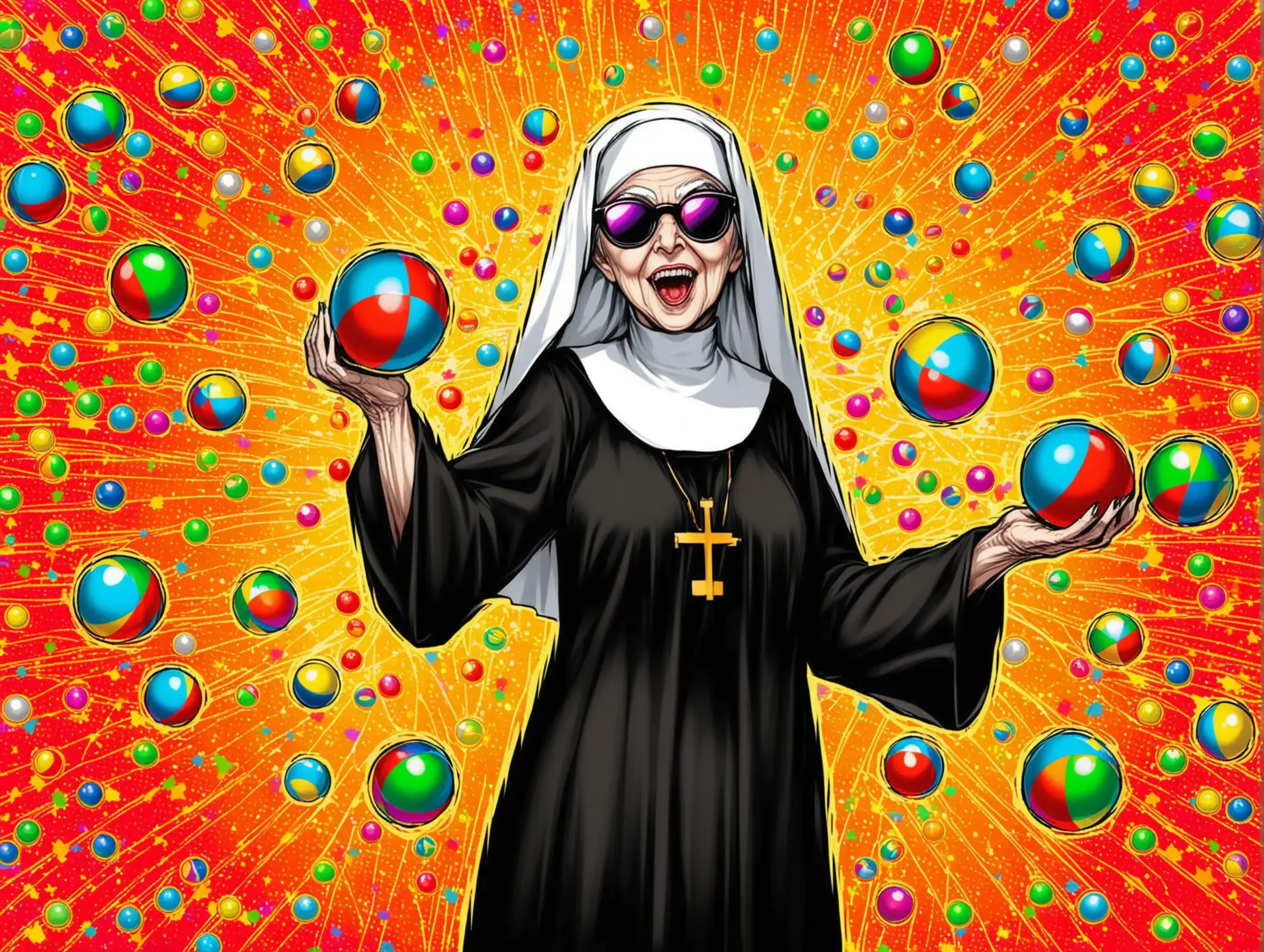 CRAZY OLD NUN (NO CROSS)WEARING SUNGLASSES JUGGLING BALLS  IN STYLE OF JACKSON POLLOCK AND KUSTAV KLIMT PSYCHEDELIC, CRAZY BACKGROUND, MOSTLY   nn NUN JUGGLING BALLnNOT WEARING CROSSnnn