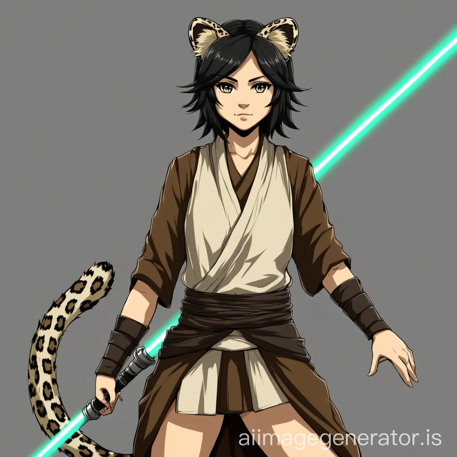 a  Anime style lesbian Female Black Color leopard ears and tail human Jedi
