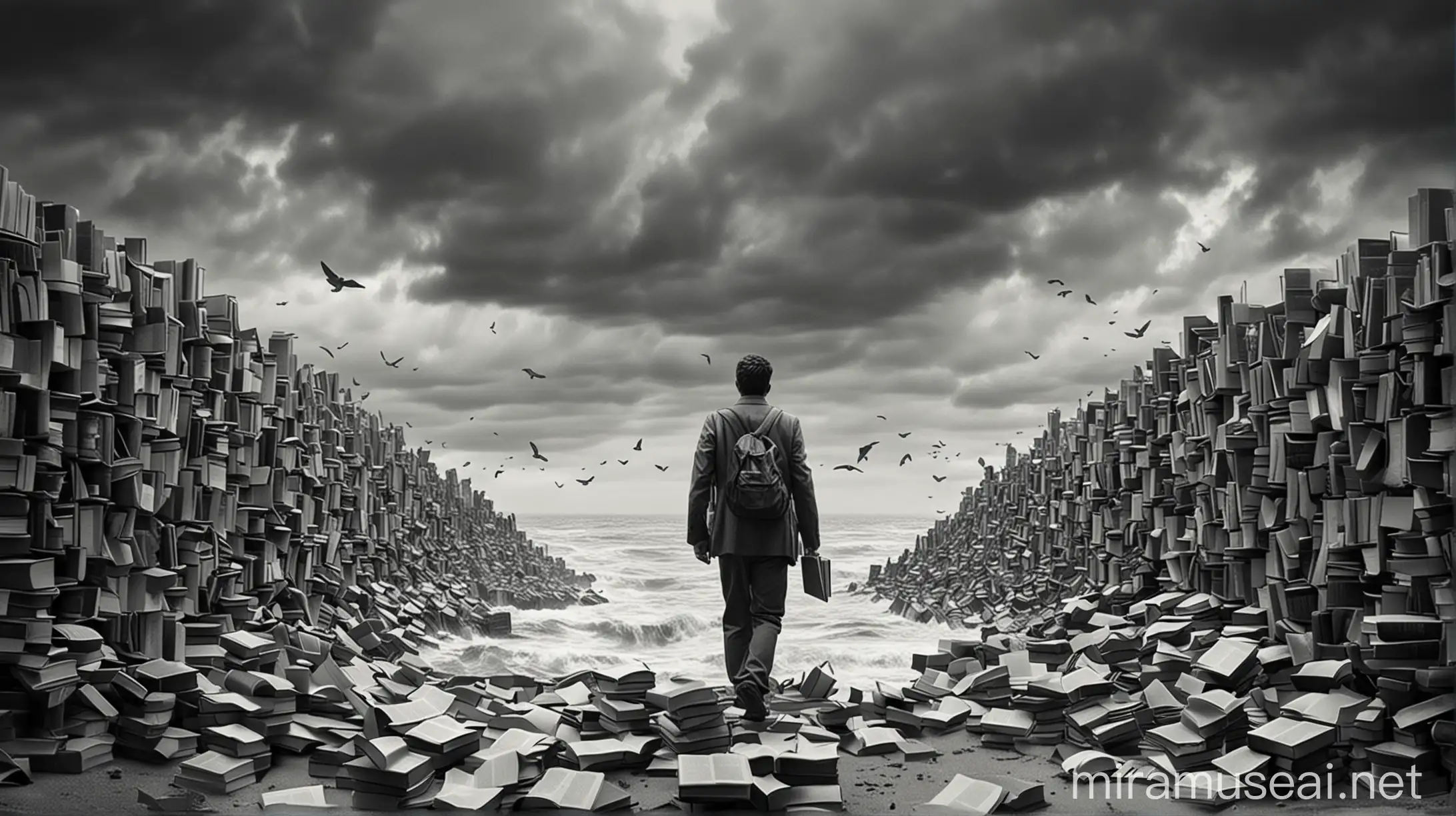 Roaming in the ocean of books and knowledge, dominated by gray tones