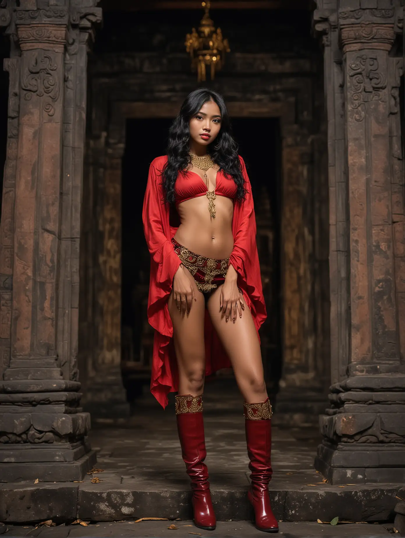 Beautiful Indonesian Woman in Red Garb at Ancient Temple at Night | AI  Image Generator