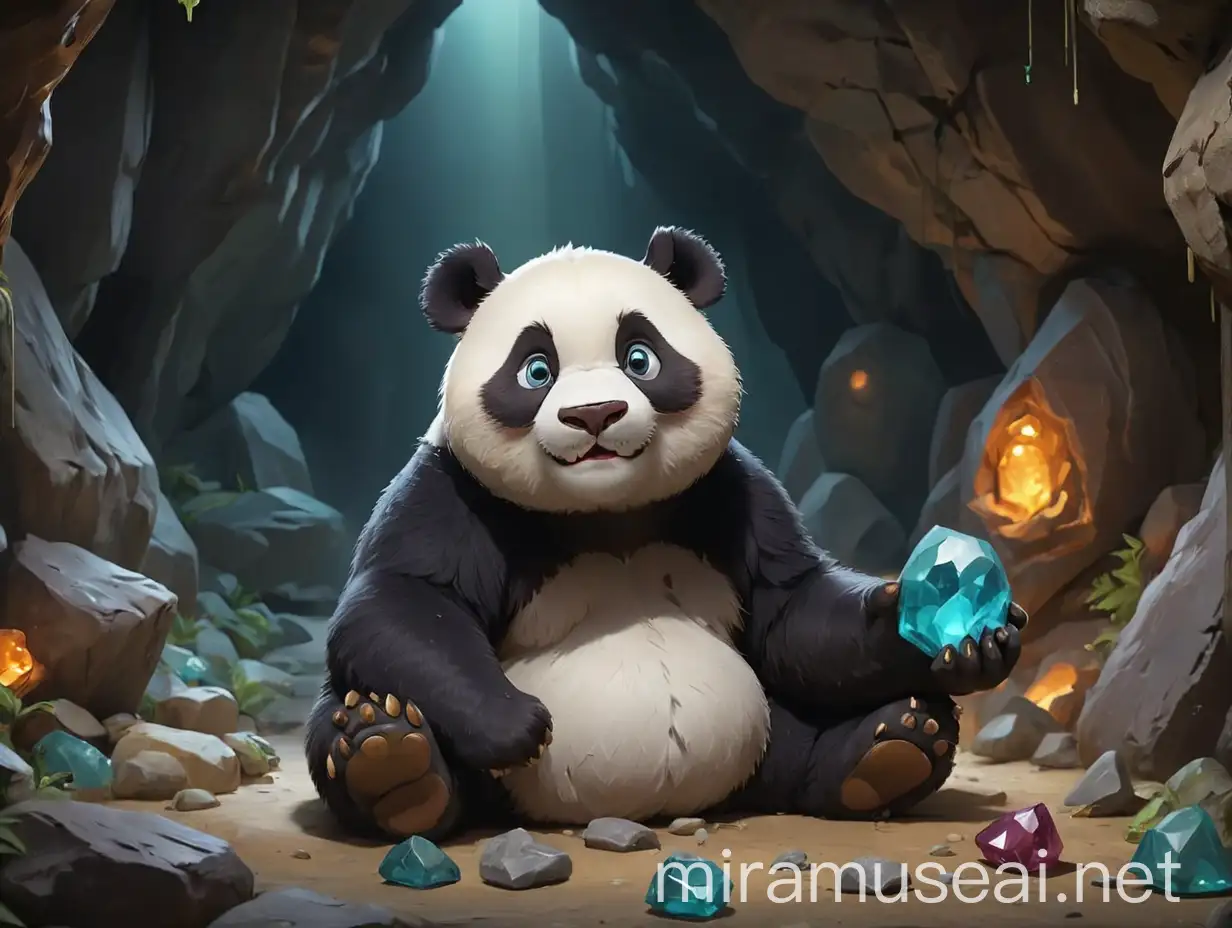Panda Discovering Gemstone in Cave