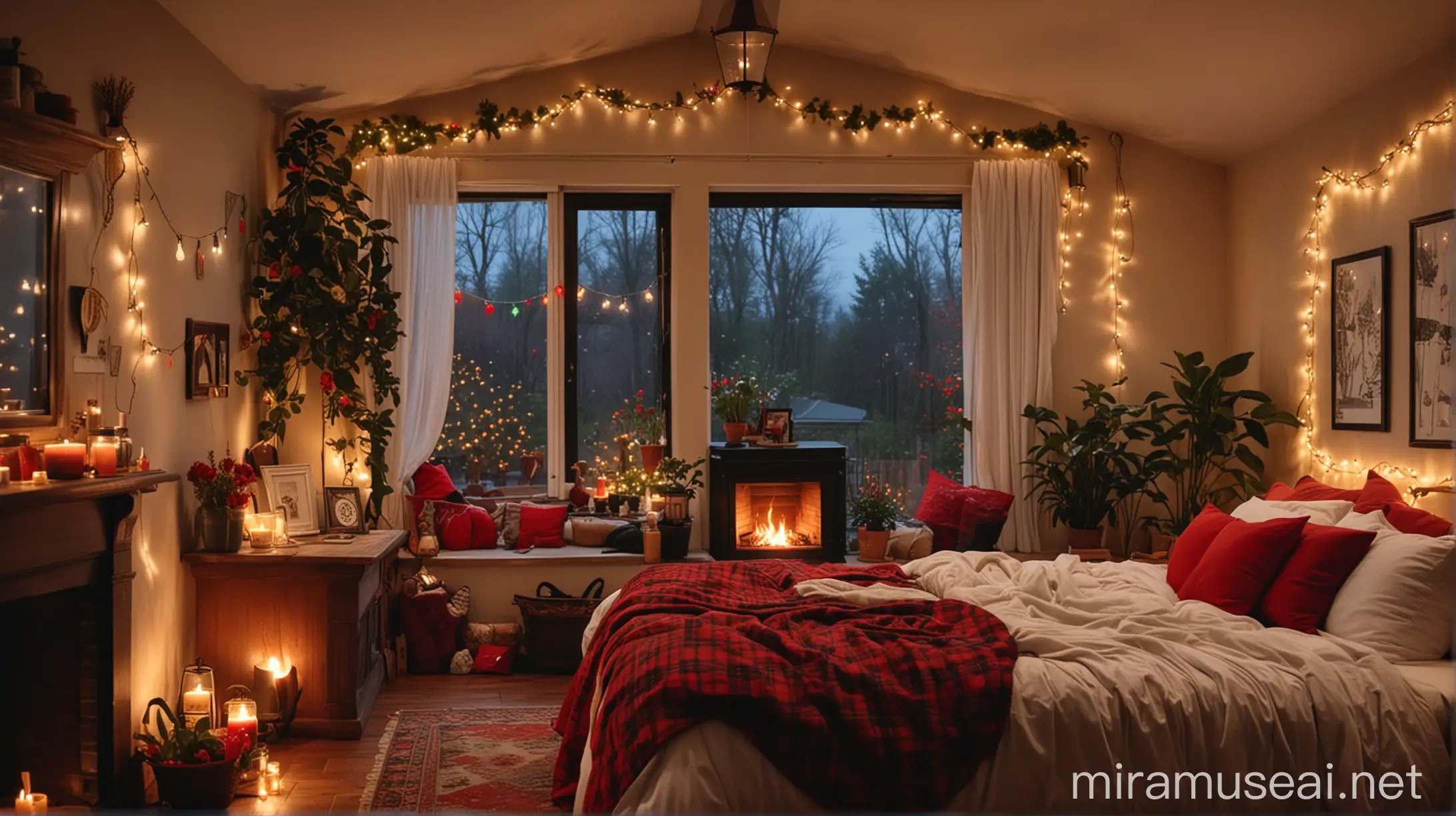 Cozy Bedroom with Fireplace and Rainy Fall Night View