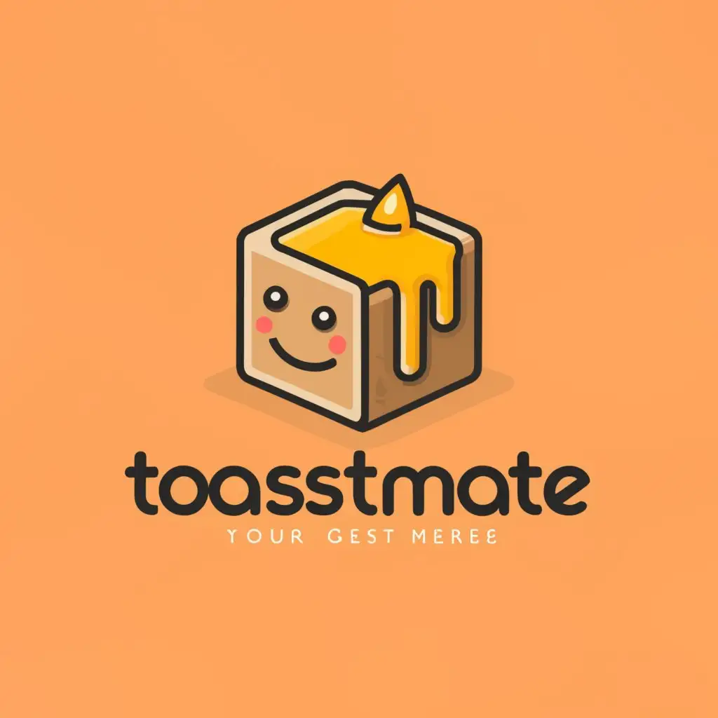 a logo design,with the text "TOASTMATE", main symbol:dark orange toast cube, with yellow melting on top, smiling face on one side only,Minimalistic,clear background