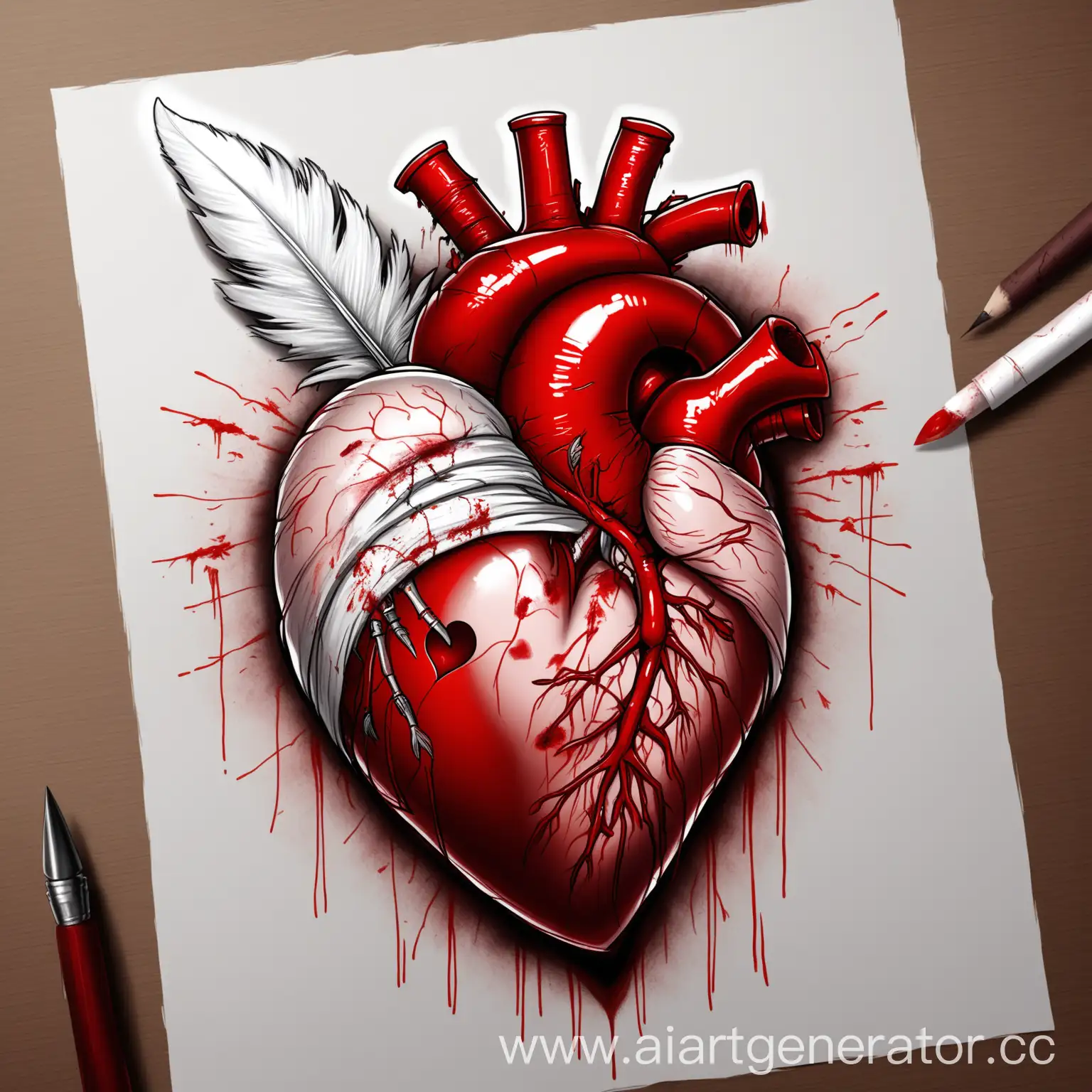 Anatomical-Heart-with-Wounded-Flesh-and-Lodged-Feather
