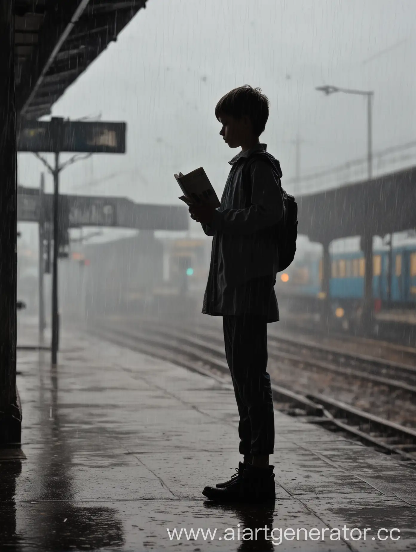 Силуэт мальчик держит книгу и смотрит вдаль на вокзале под дождем