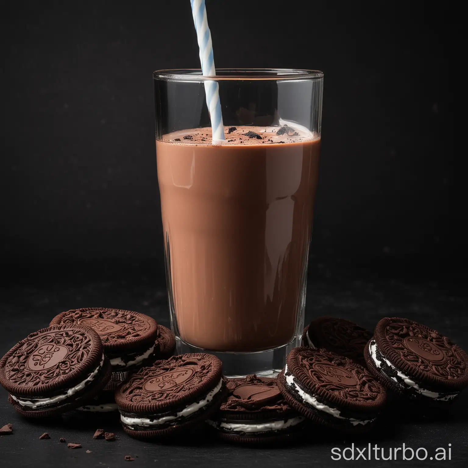 a glass of chocolate milk, surrounded by oreos, black background