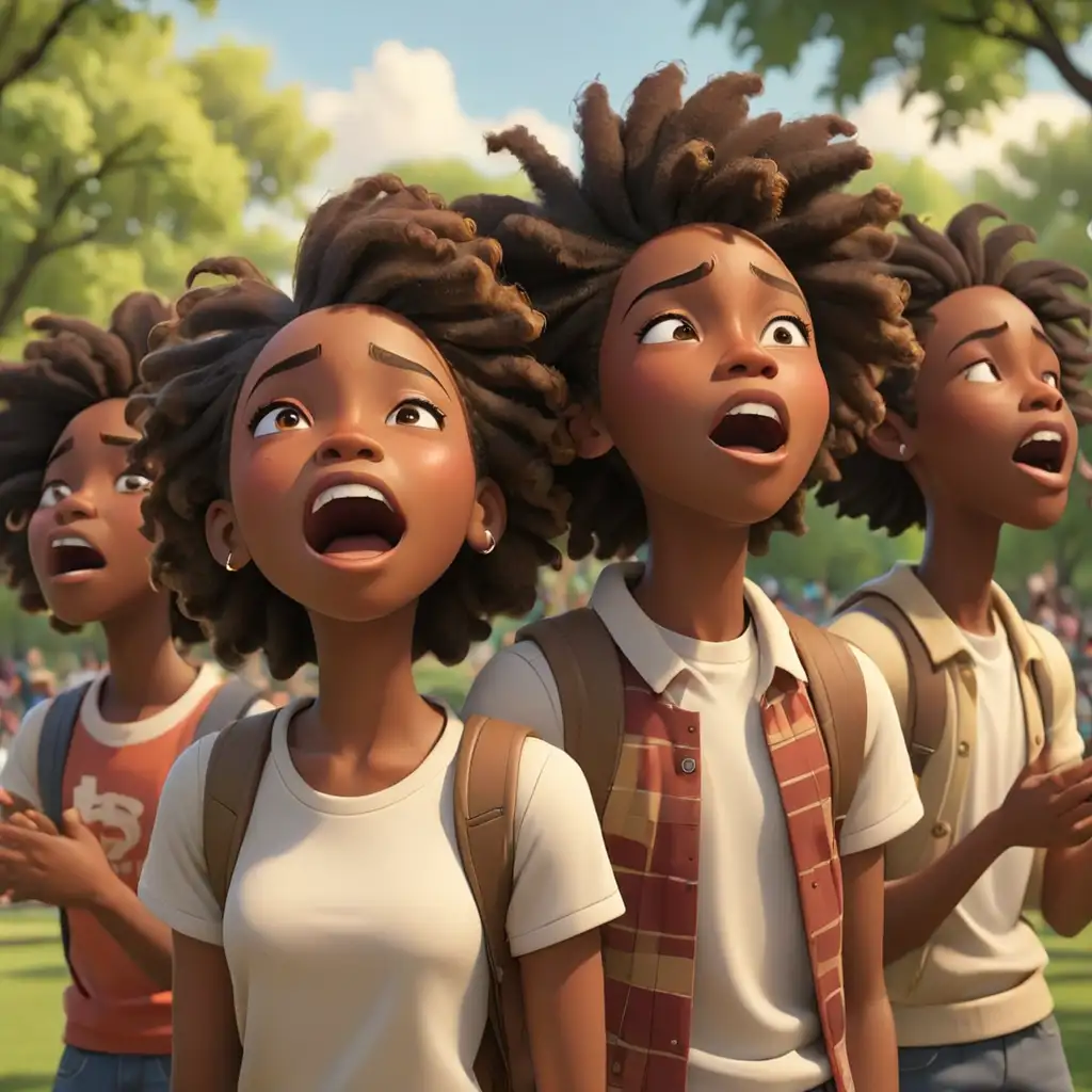 defined 3D cartoon-style African American teens singing  with their eyes closed in the park 