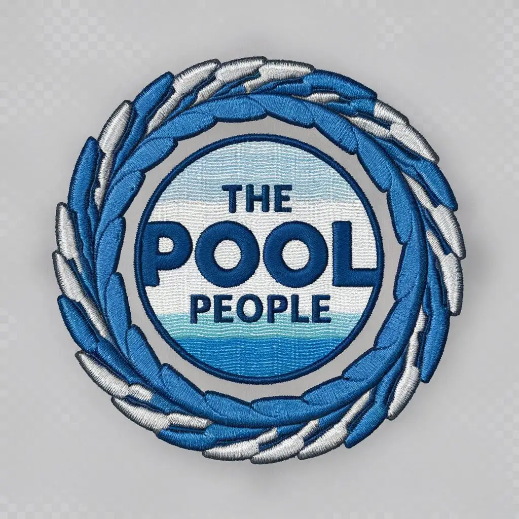 a logo design,with the text "The Pool People", main symbol:this logo is circle style. the logo design should embroidered patches and include a swimming pool theme. preferred color is blue and white,Moderate,clear background