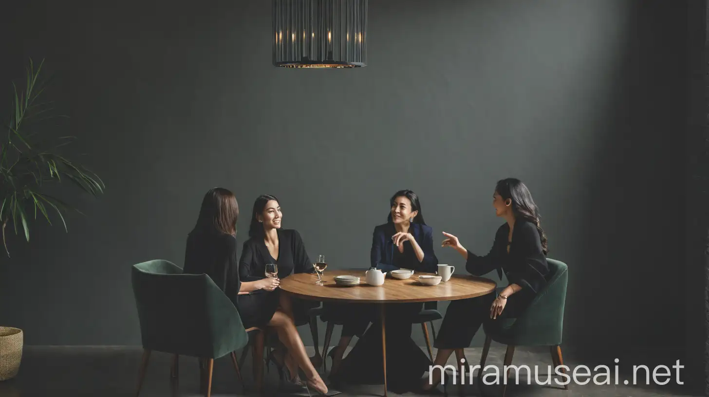 3 women sit around a round table, and one woman walking to the table.