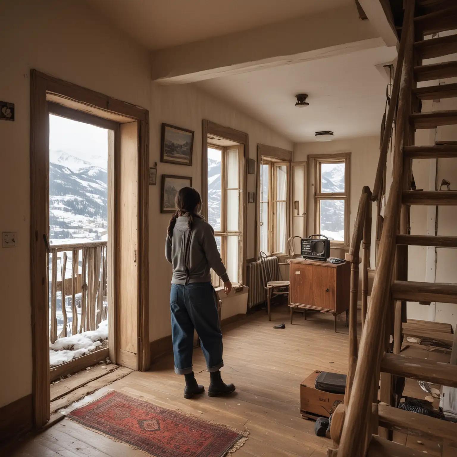 Young Woman Climbing Stairs in Village House Overlooking Snowy Mountains