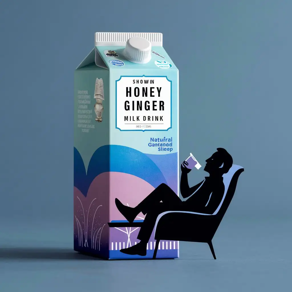 Create a tetraPAK BRIK carton beverage for Functional milk with calming effect through natural ingredients, GABA. Honey ginger flavour .​that promotes good sleep.​ for middle aged man relaxing after work