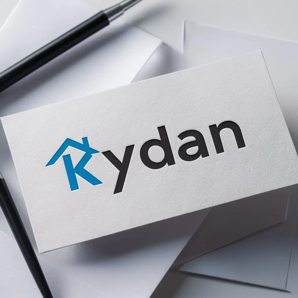 a logo design,with the text "Kydan", main symbol:Looking for a modern wordmark Logo design for a company called Kydan. logo should modern word with a home shape. preferred colors blue and black. must be a white stationery mockup,Moderate,clear background