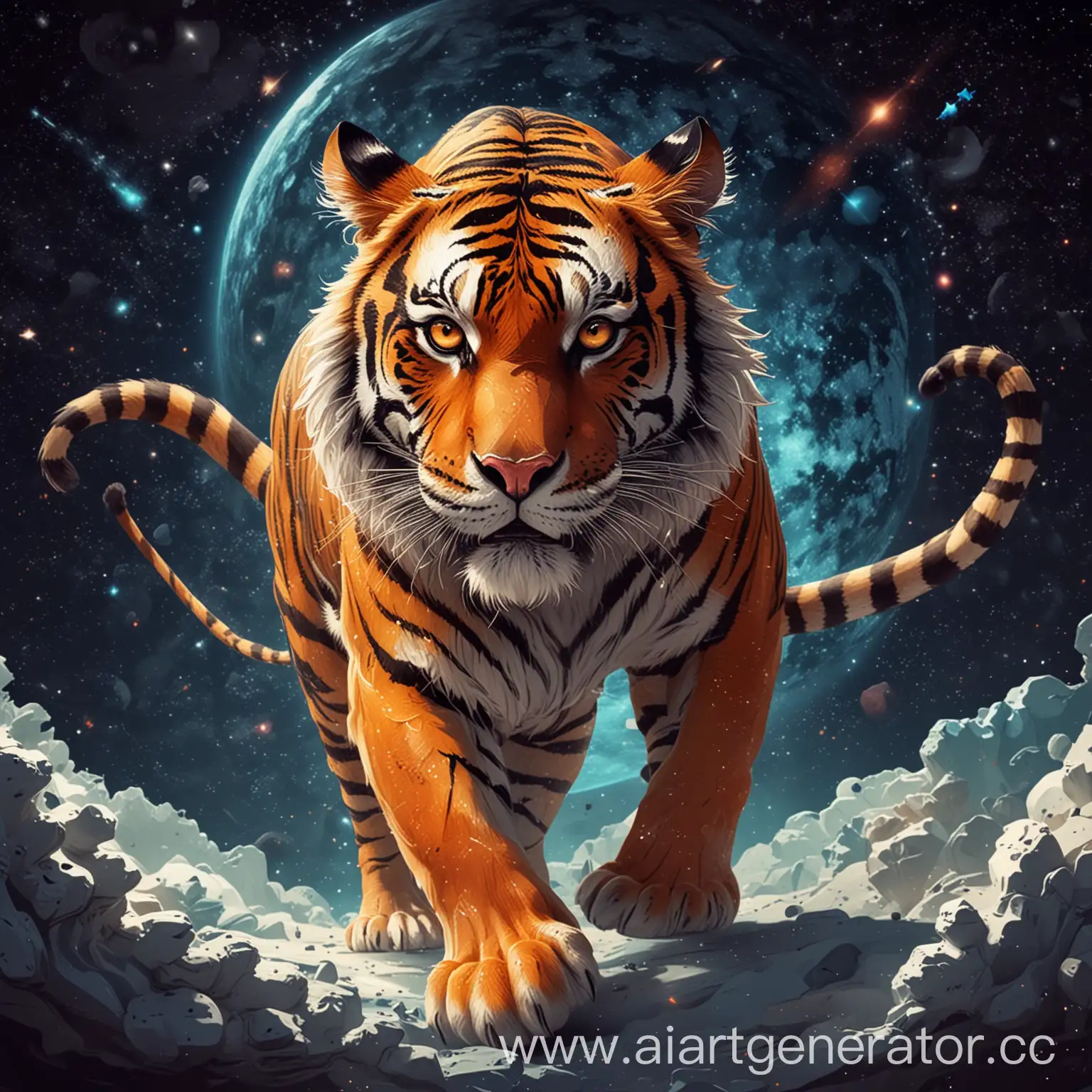 абстрактный мультяшный тигр прямой вид издалека на фоне космоса